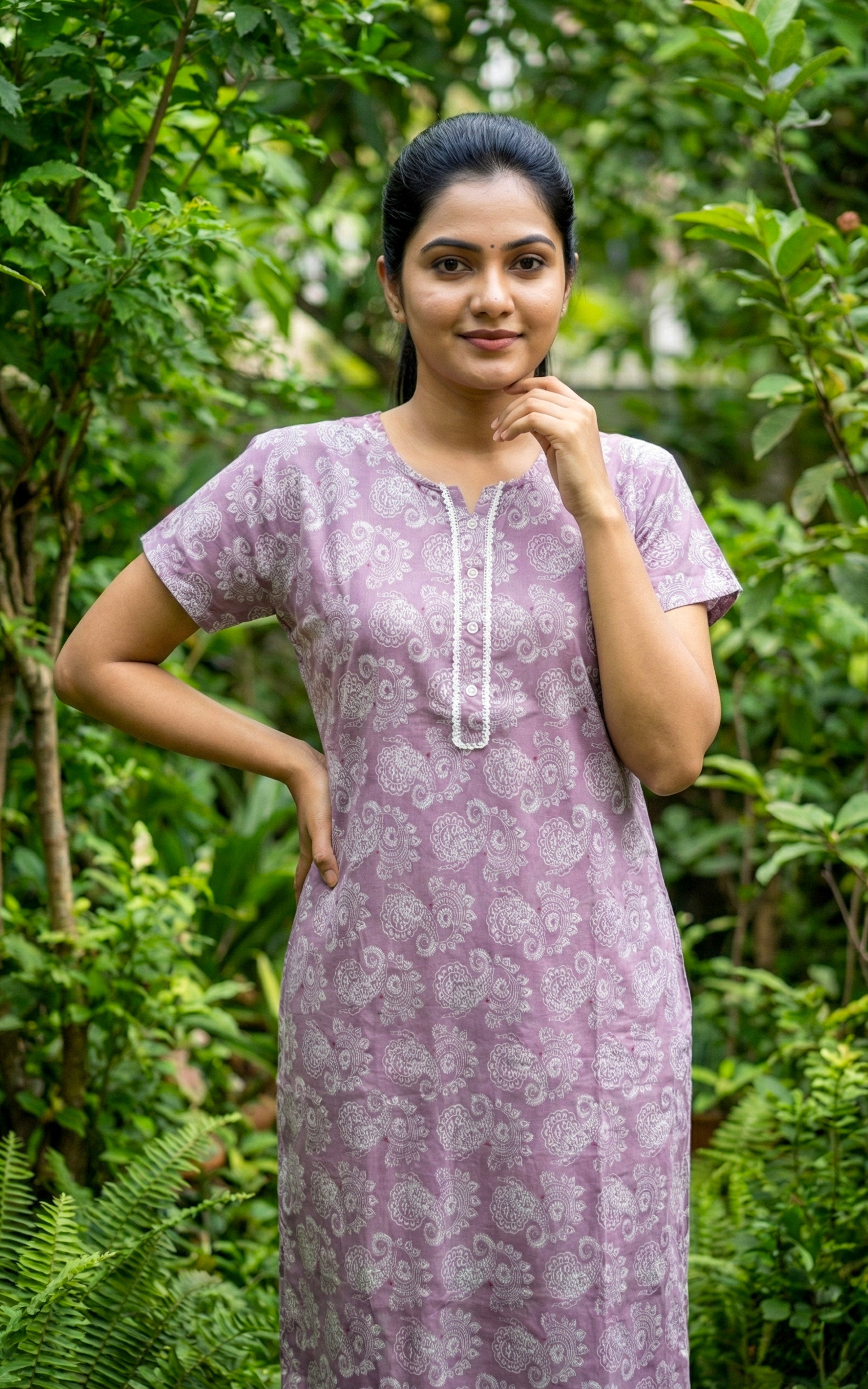 Instore – Lavender Cotton Long Nighty, All-Over Traditional Paisley Print, Round Neck with White Lace Detailing & Button Placket, A-line Fit, Women's Sleepwear
