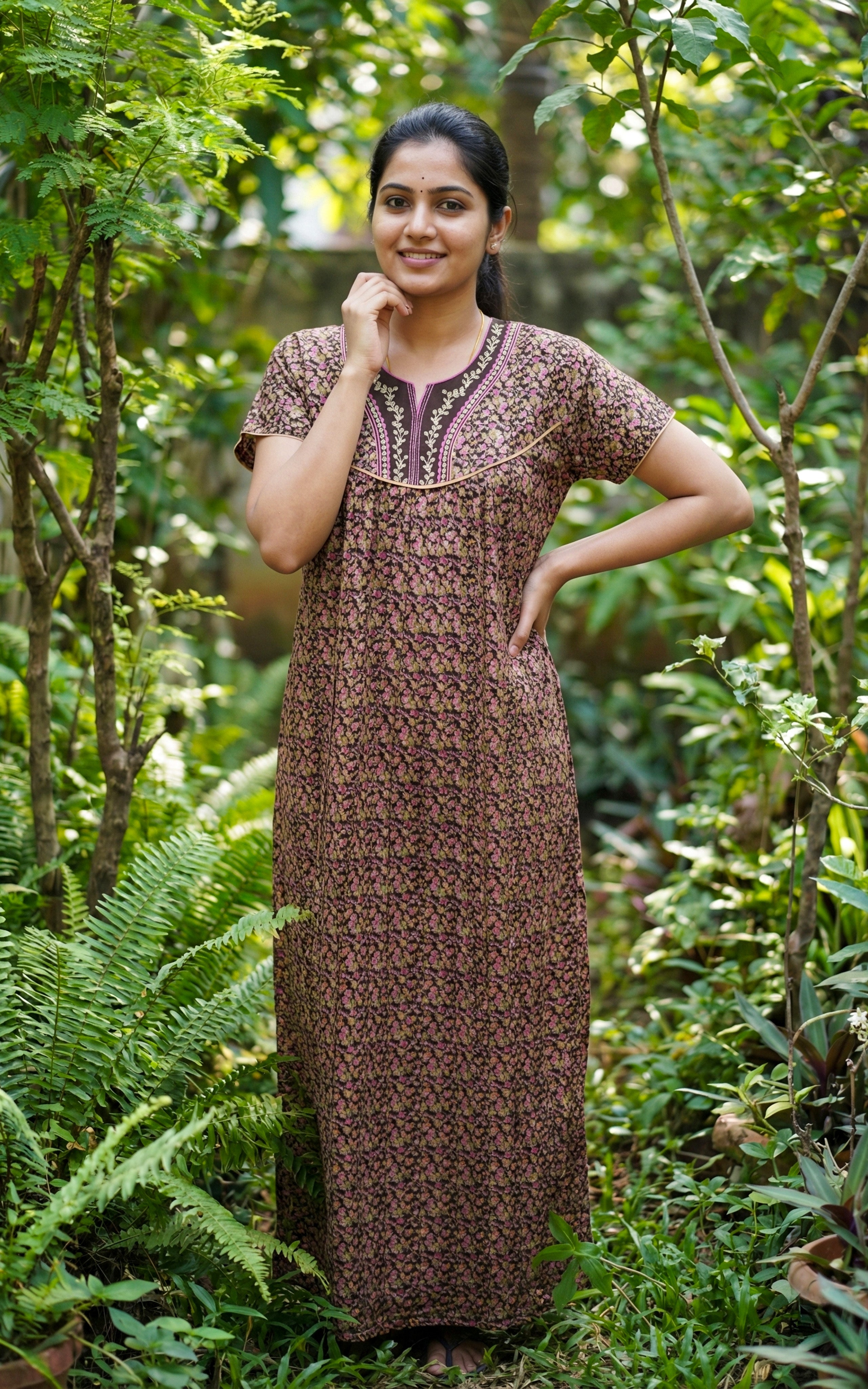 Instore – Brown Cotton Long Nighty, All-Over Floral Print, Round Neck with Contrast Yoke & Embroidery Detailing, Relaxed Fit, Women's Sleepwear
