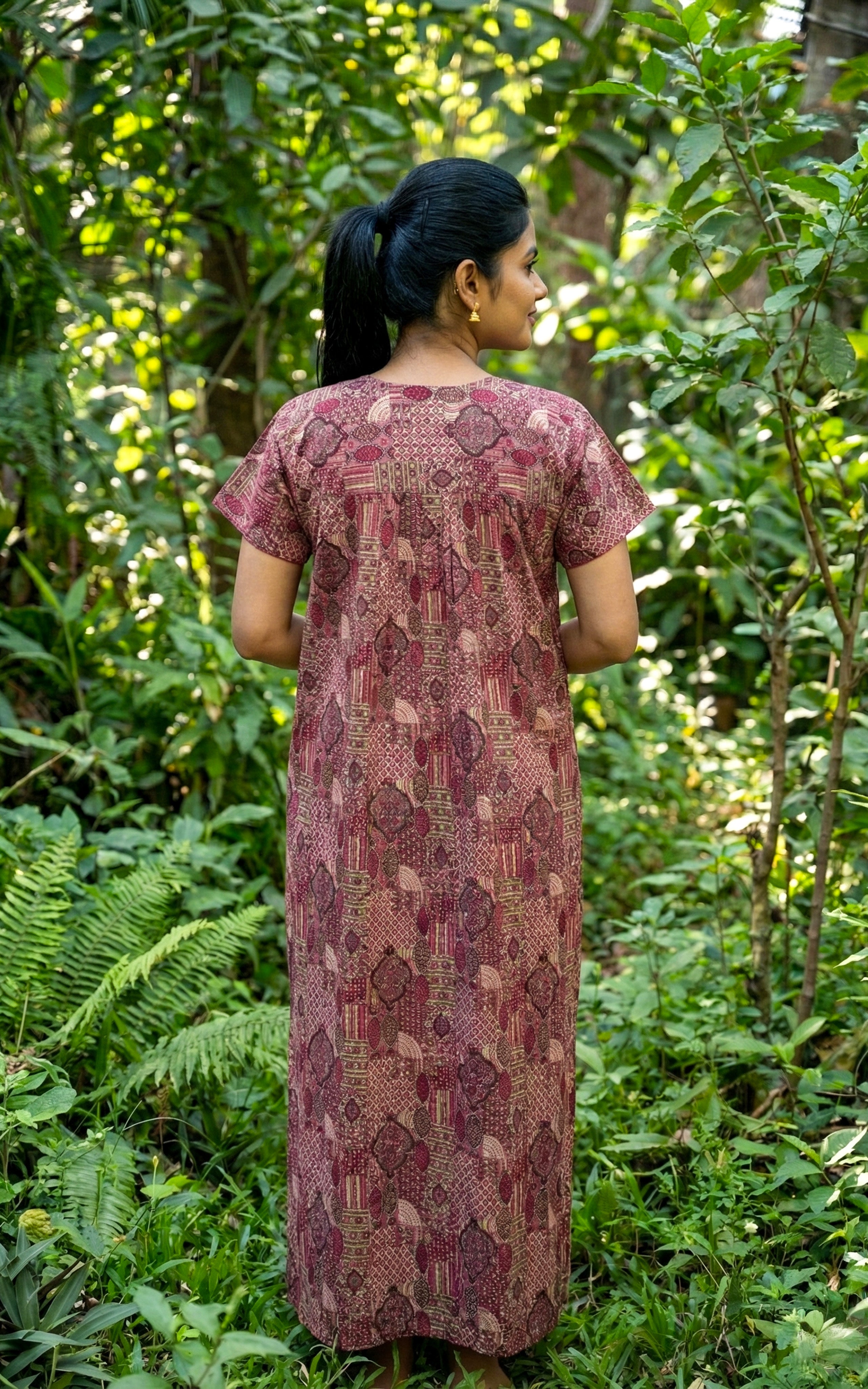 Instore – Purple Cotton Long Nighty, All-Over Traditional Print, Square/Soft V-Neck with Contrast Piping & Button Placket, Relaxed Fit, Women's Sleepwear