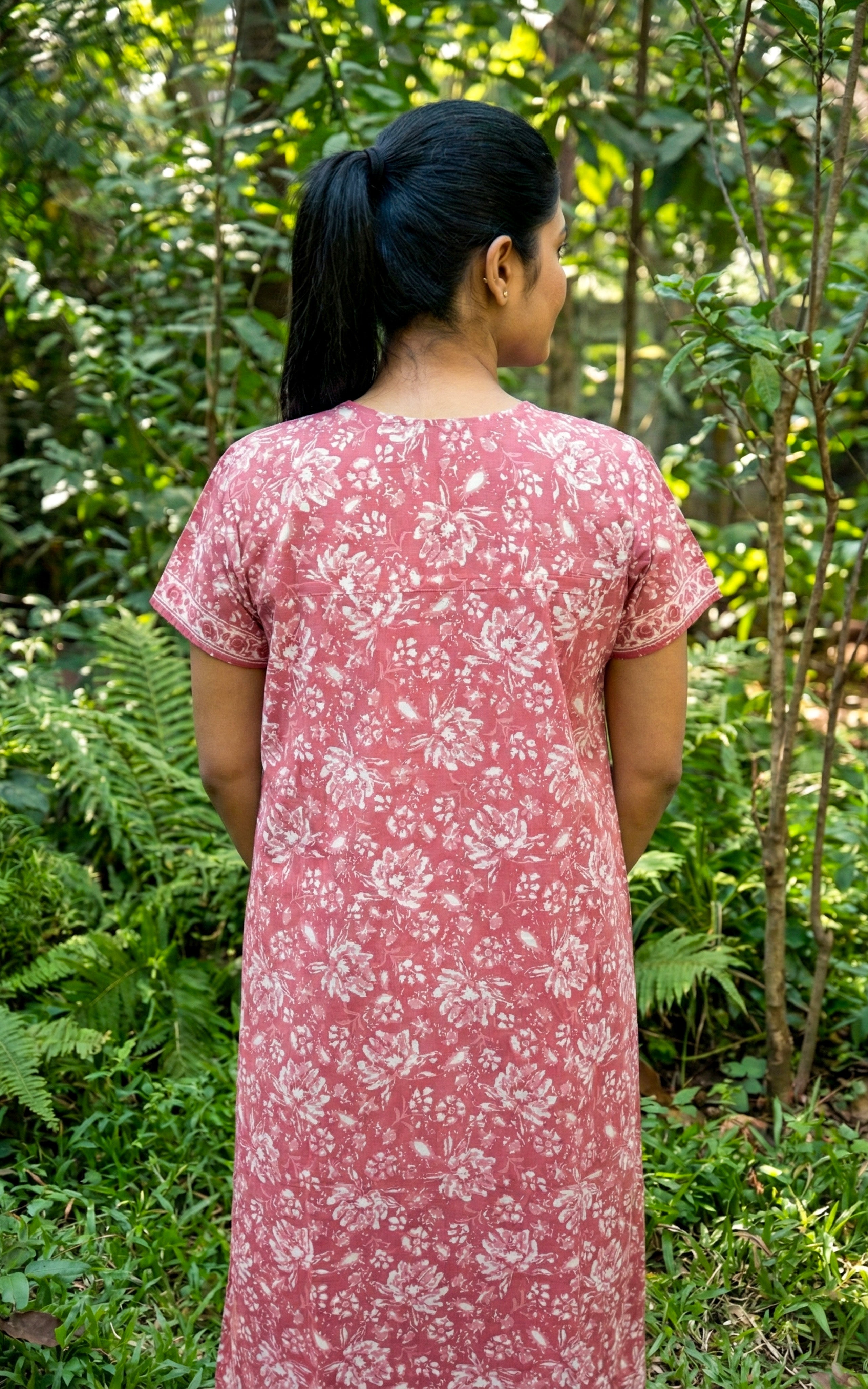 Instore – Pink Cotton Long Nighty, All-Over Floral Print with Contrast Yoke & Sleeve Border, Round Neck with White Contrast Printed Yoke & Button Placket, A-line Fit, Women's Sleepwear