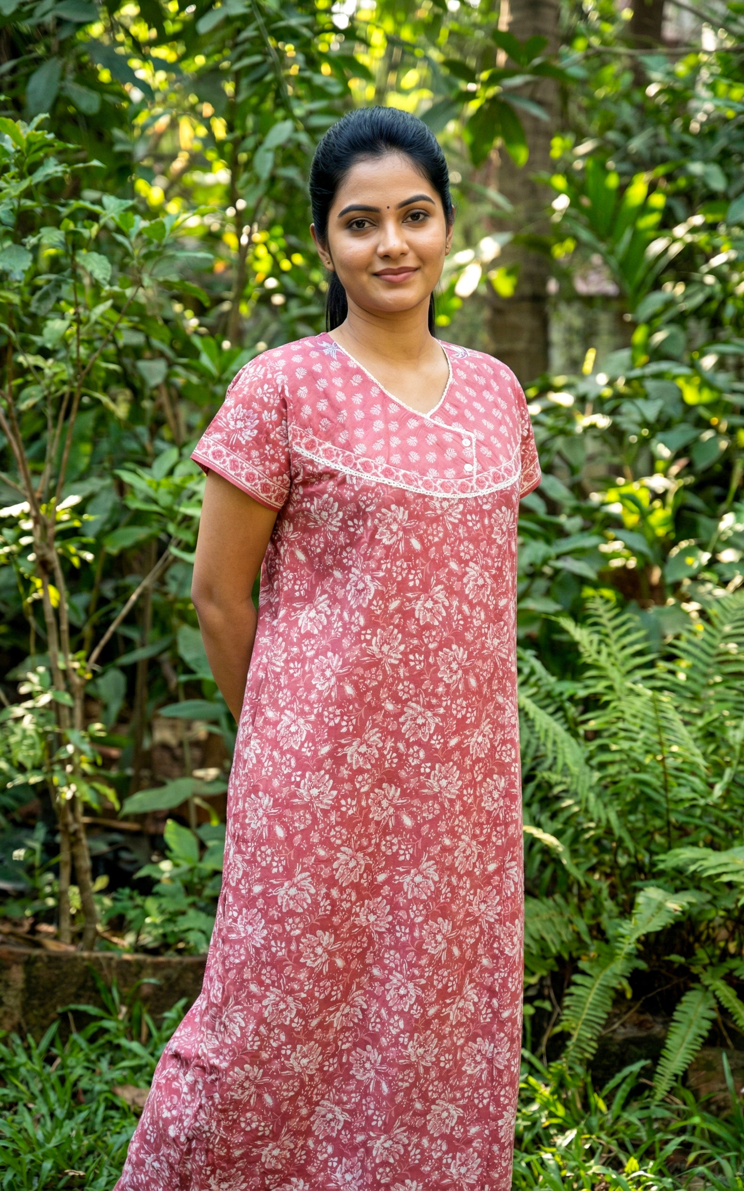 Instore – Pink Cotton Long Nighty, All-Over Floral Print with Contrast Yoke & Sleeve Border, Round Neck with White Contrast Printed Yoke & Button Placket, A-line Fit, Women's Sleepwear