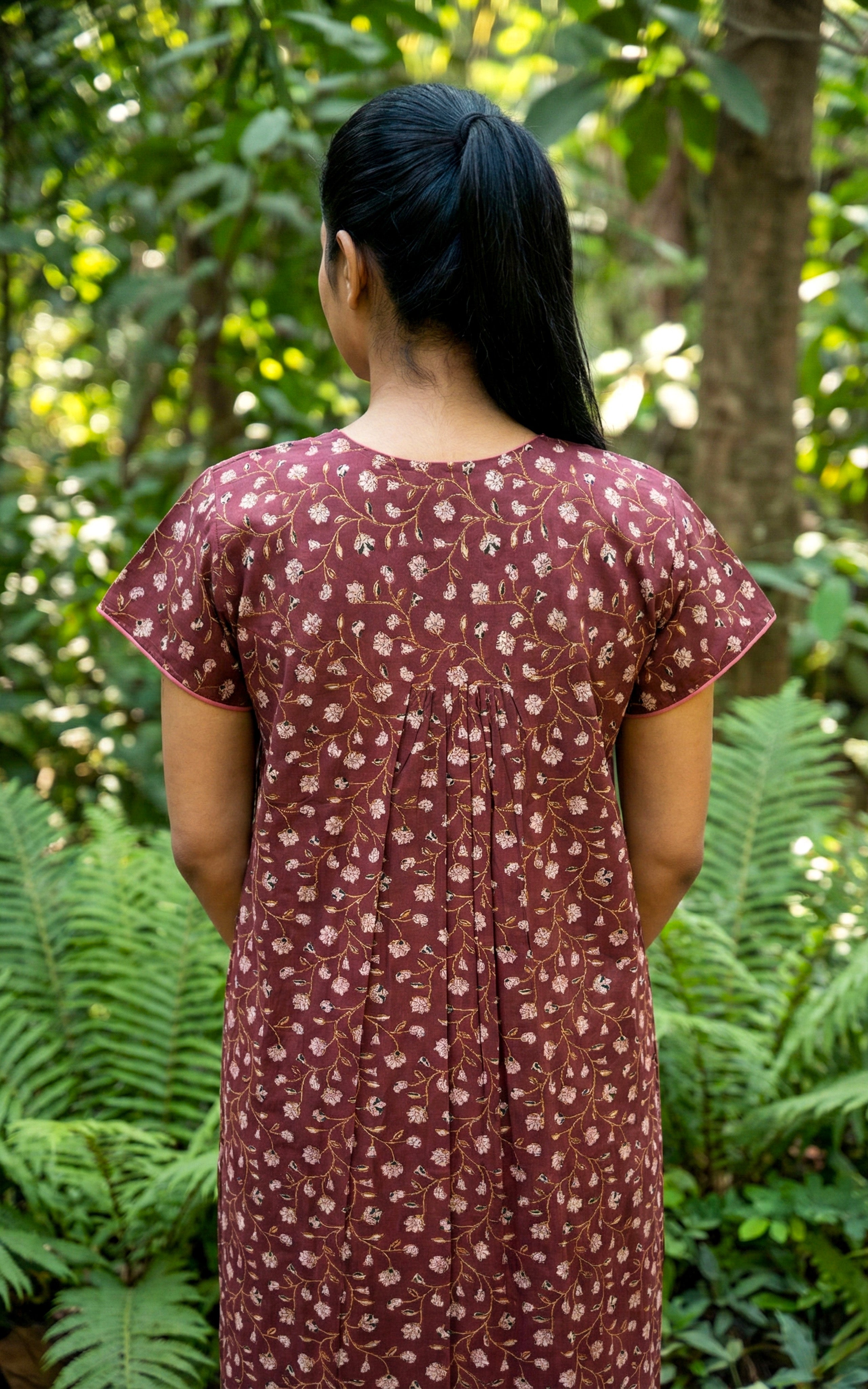 Instore – Brown Cotton Long Nighty, All-Over Delicate Floral Design, Round Neck with Pink Contrast Piping & Button Placket, Relaxed Fit, Women's Sleepwear