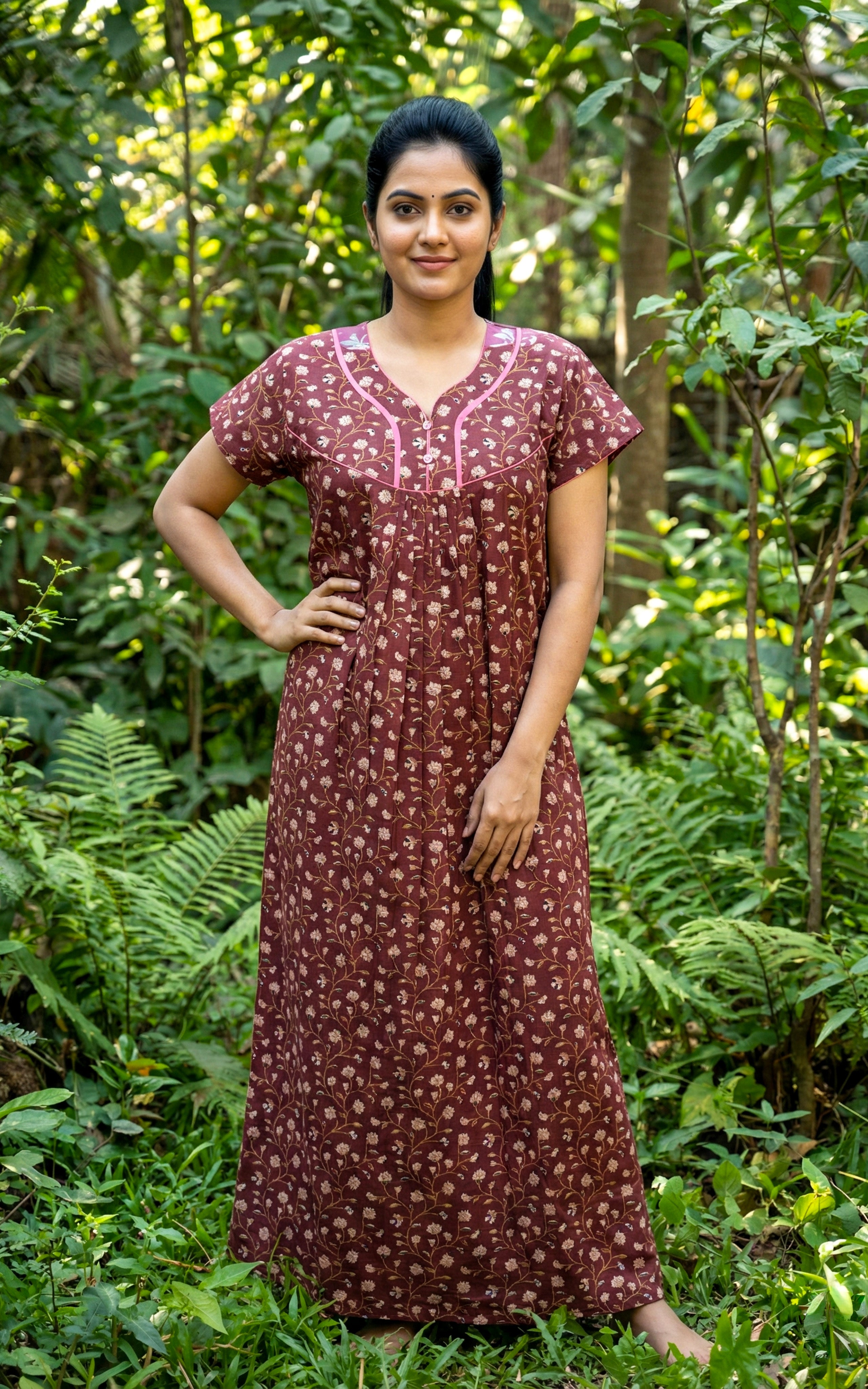 Instore – Brown Cotton Long Nighty, All-Over Delicate Floral Design, Round Neck with Pink Contrast Piping & Button Placket, Relaxed Fit, Women's Sleepwear