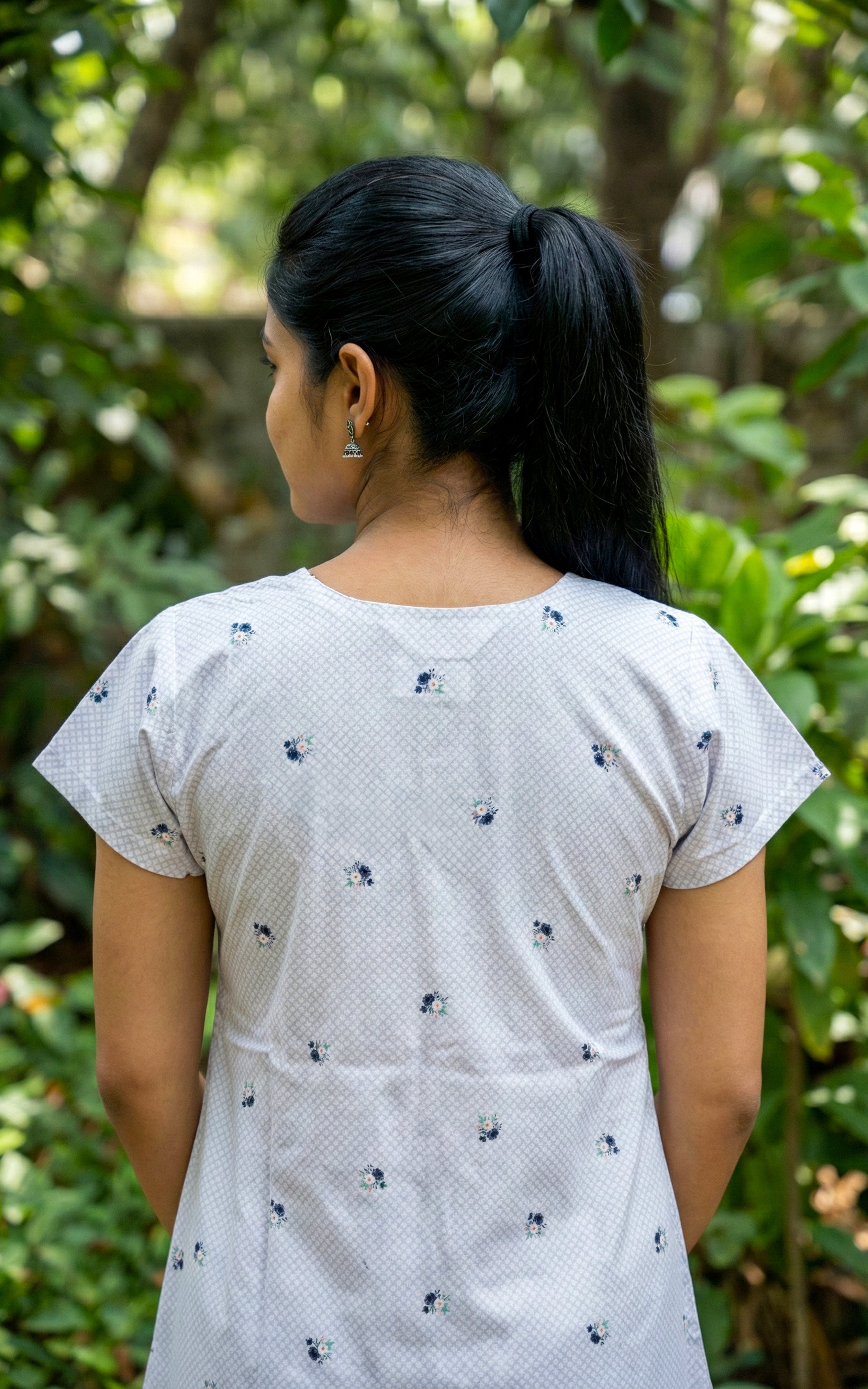 Instore – Pastel Light Blue Cotton Long Nighty, All-Over Minimal Floral Print, V-Neck with Self Fabric Detailing & Button Placket, A-line Fit, Women's Sleepwear