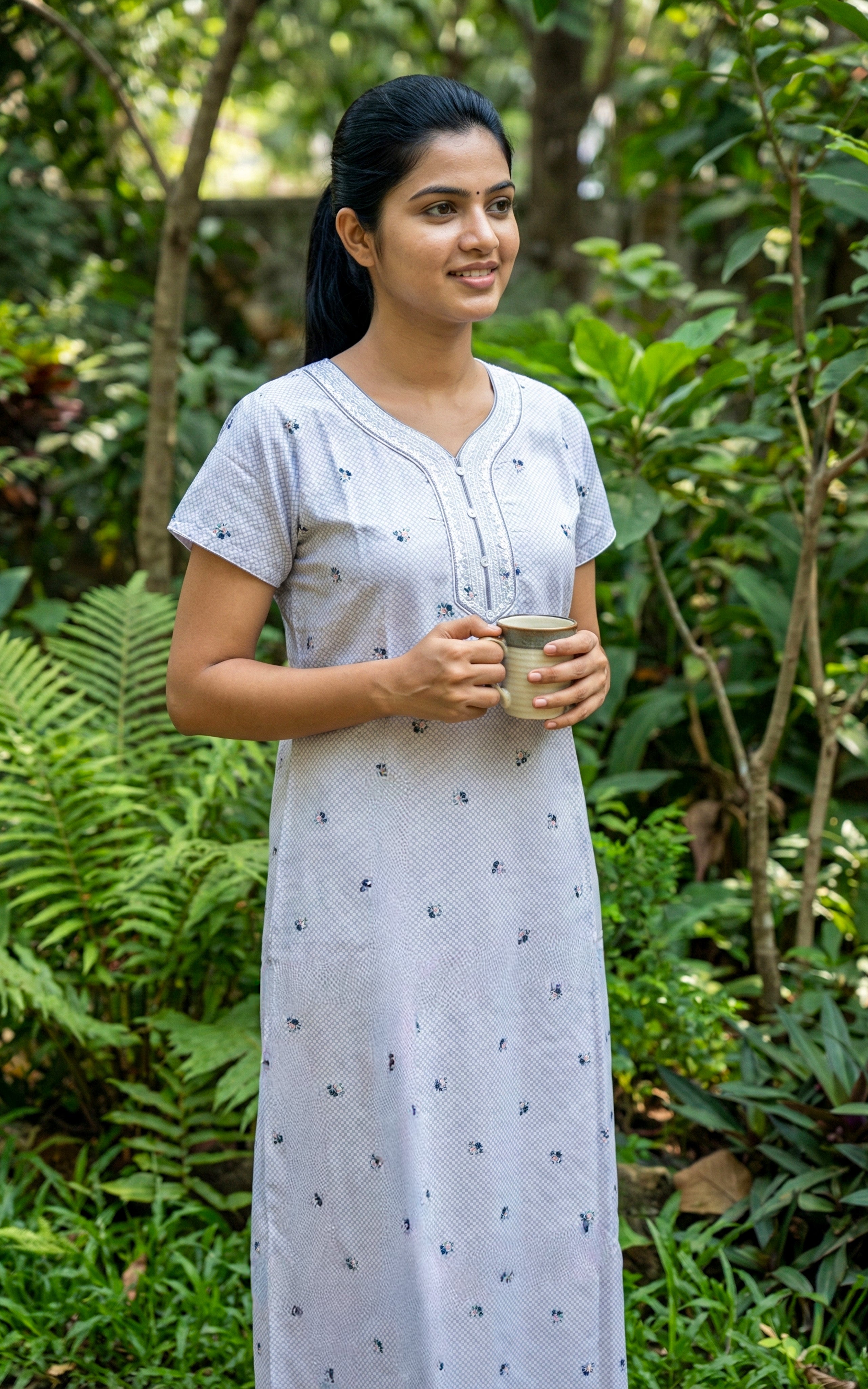 Instore – Pastel Light Blue Cotton Long Nighty, All-Over Minimal Floral Print, V-Neck with Self Fabric Detailing & Button Placket, A-line Fit, Women's Sleepwear