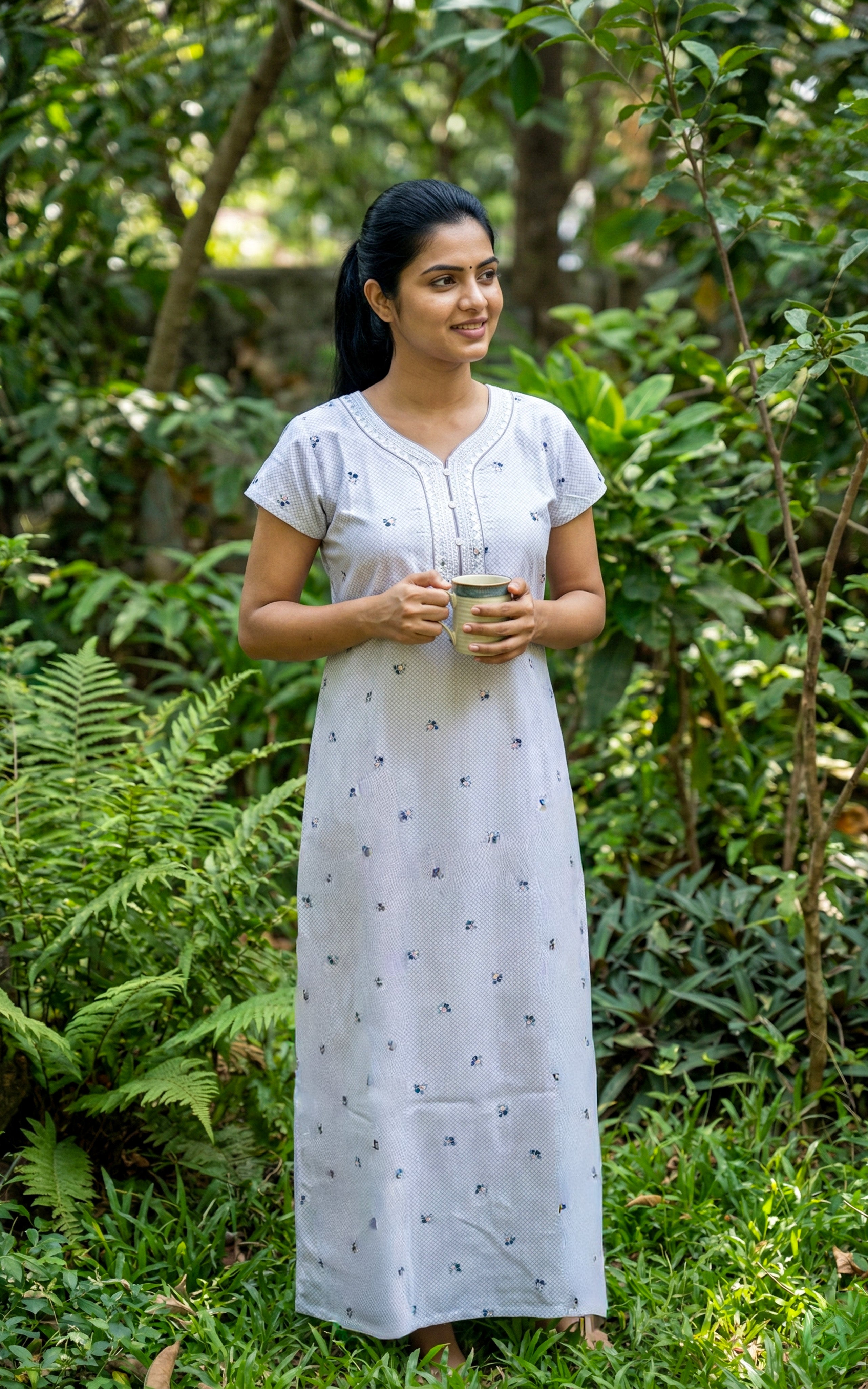 Instore – Pastel Light Blue Cotton Long Nighty, All-Over Minimal Floral Print, V-Neck with Self Fabric Detailing & Button Placket, A-line Fit, Women's Sleepwear
