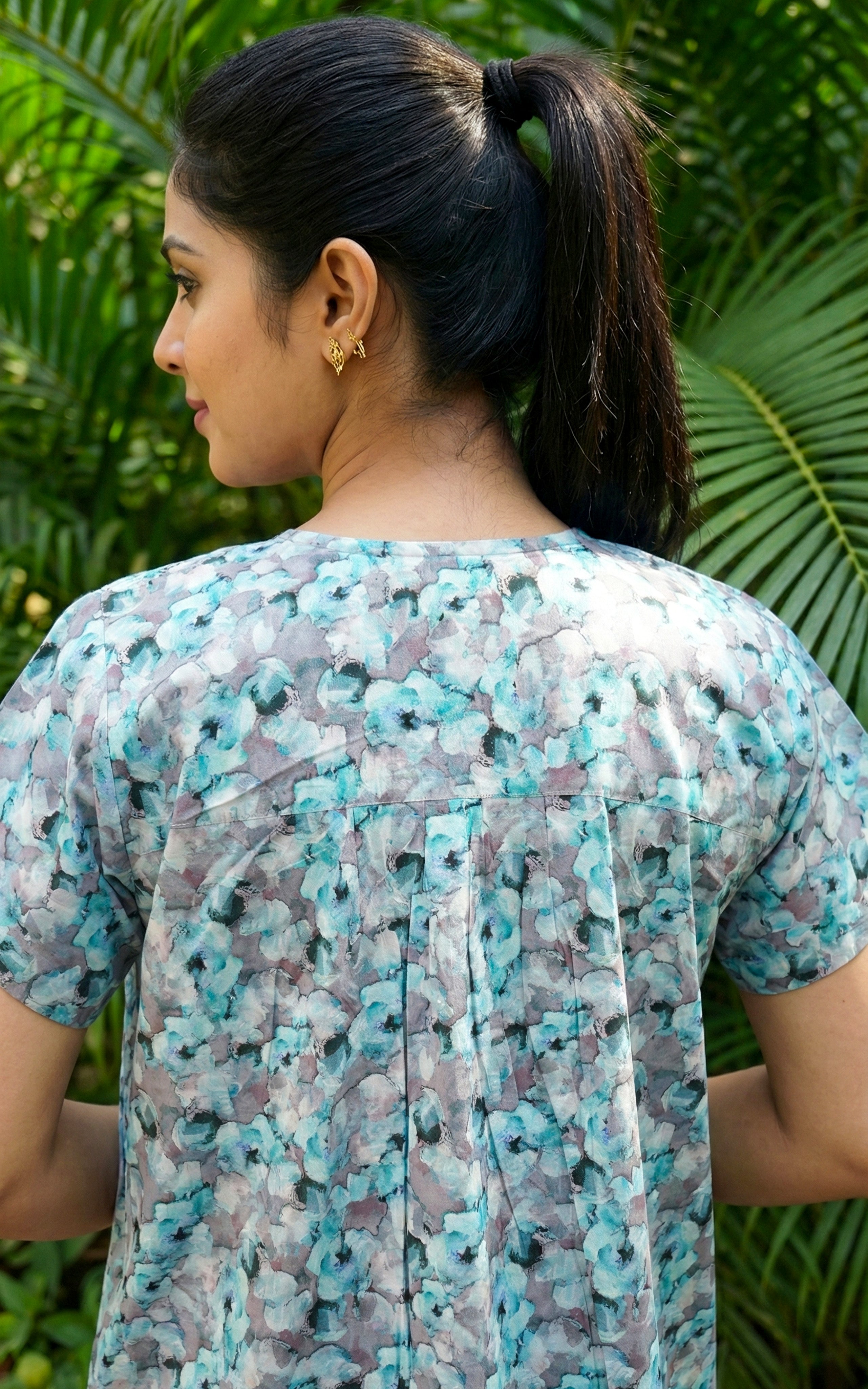 Instore – Aqua Blue Cotton Long Nighty, All-Over Abstract Floral Print, Round Neck with Contrast Button Placket, Relaxed Fit, Women's Sleepwear