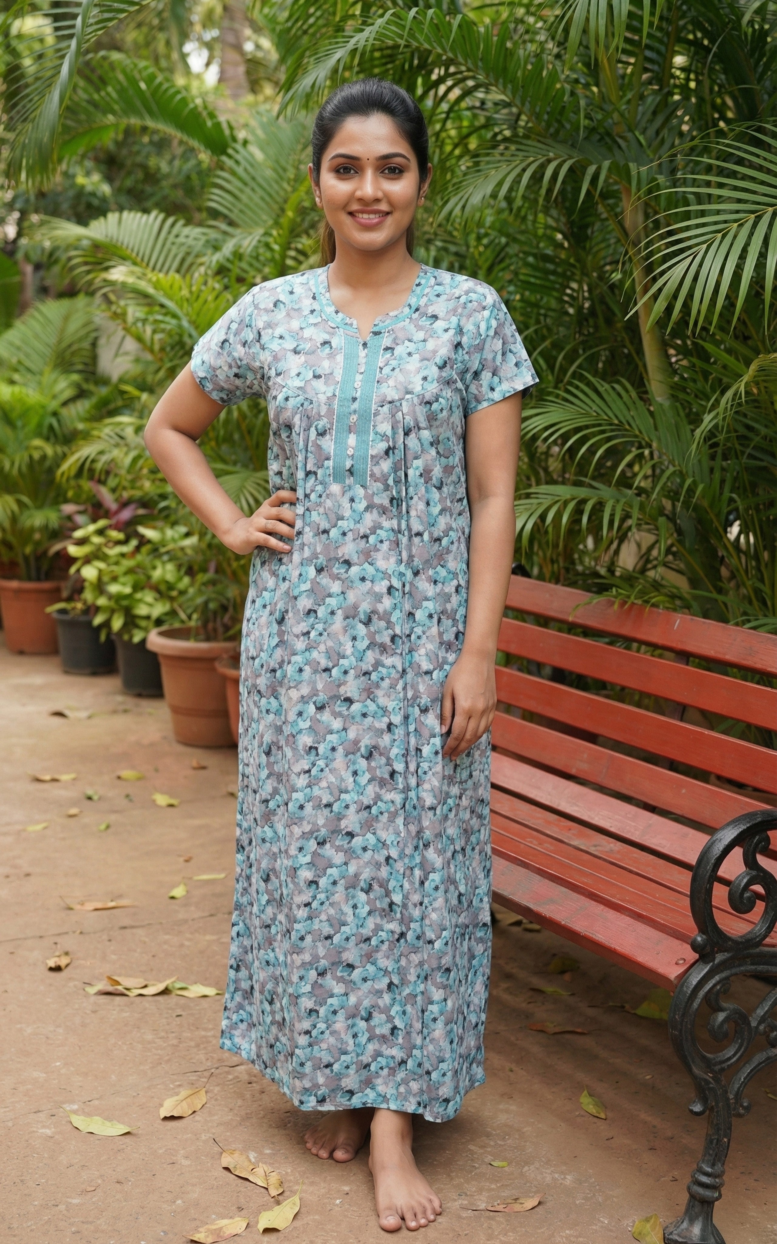 Instore – Aqua Blue Cotton Long Nighty, All-Over Abstract Floral Print, Round Neck with Contrast Button Placket, Relaxed Fit, Women's Sleepwear