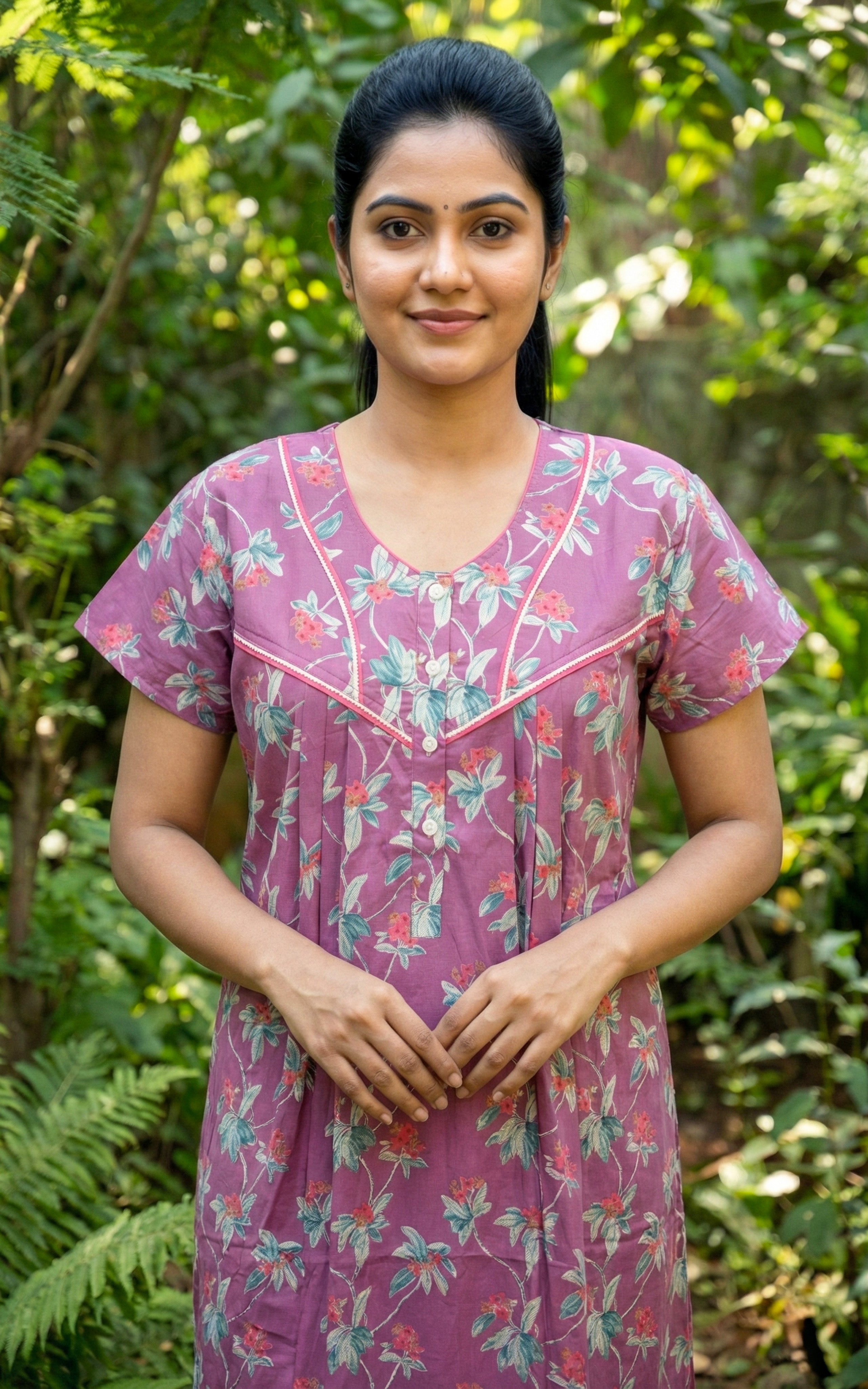 Instore – Pink Cotton Long Nighty, All-Over Floral Print, Round Neck with Contrast Piping & Front Pleat Detailing, Relaxed Fit, Women's Sleepwear