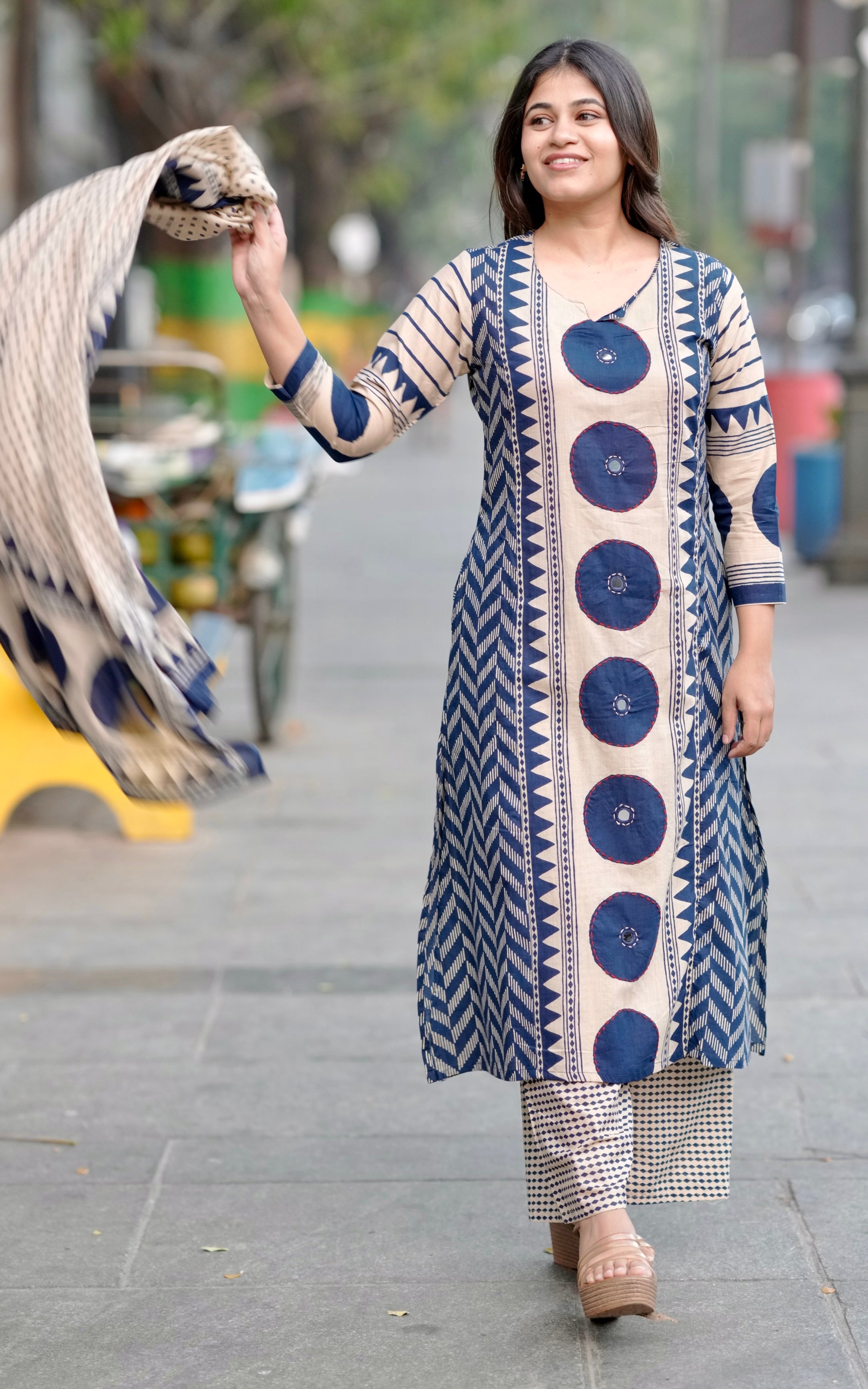 Beige Cotton Kurti with Blue Dupatta for Women