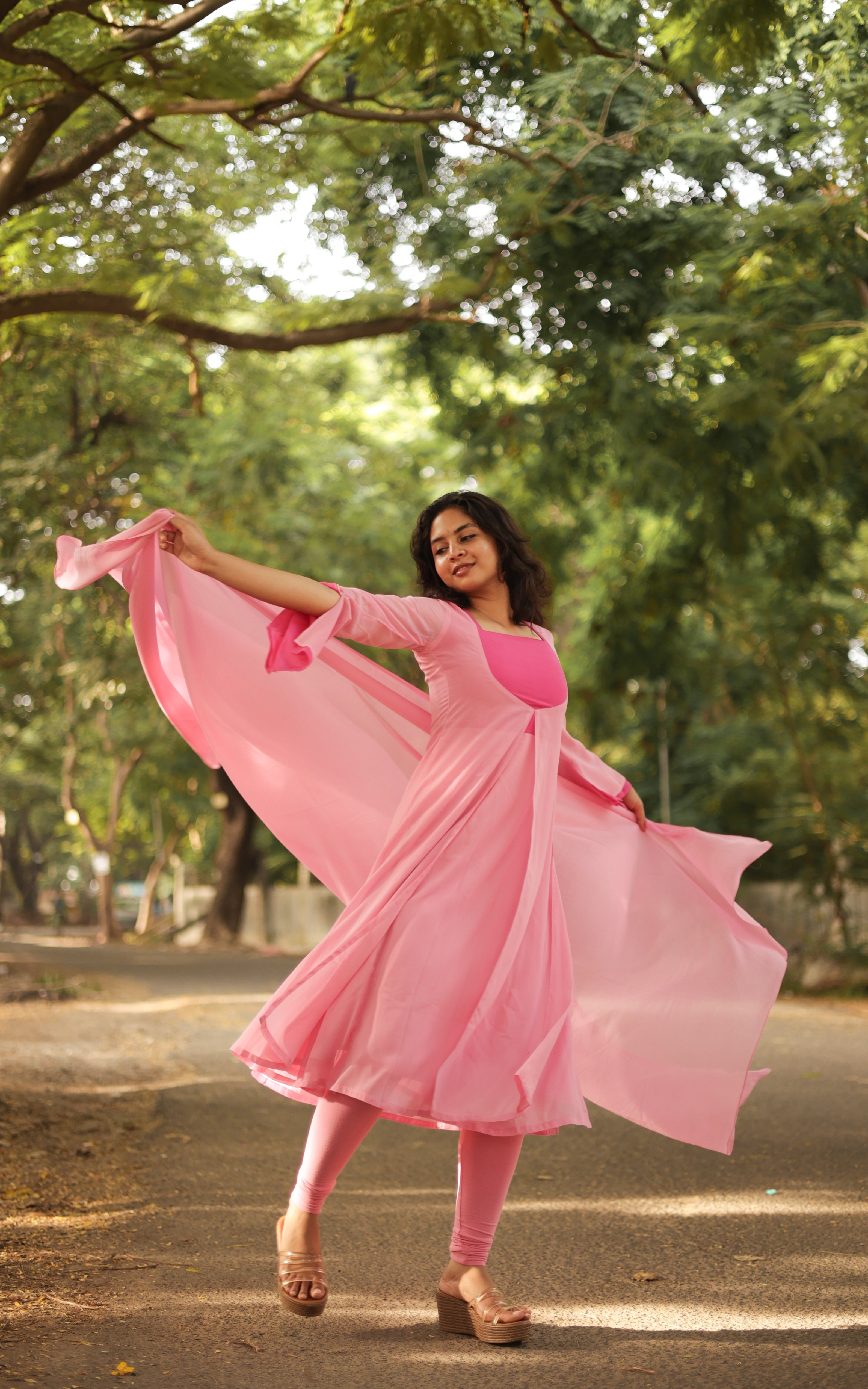Instore - Pink Georgette Layered Kurti with Side Slit & Dupatta Set