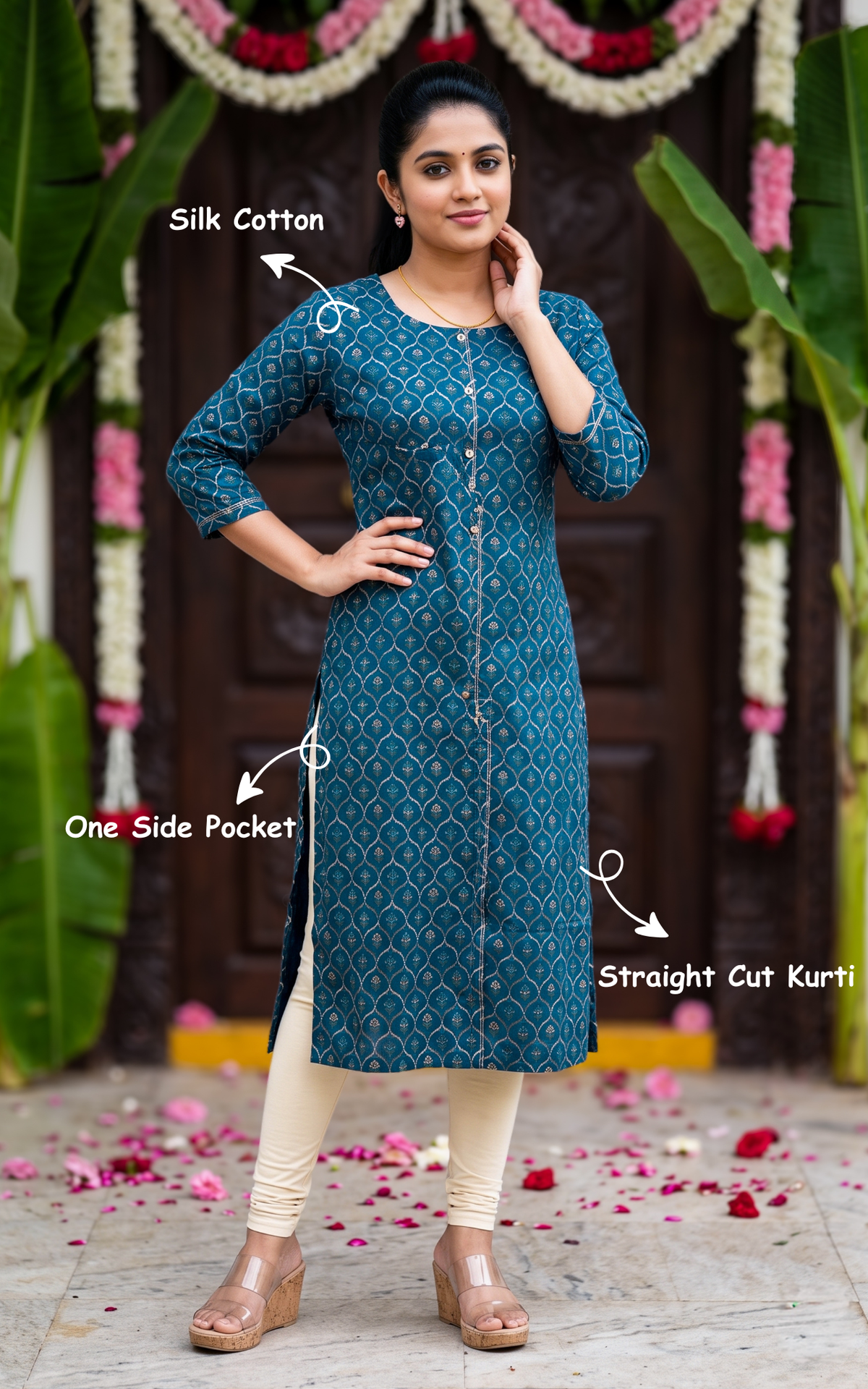 Peacock Blue Silk Cotton Ethnic Wear Straight Cut Kurti for Women
