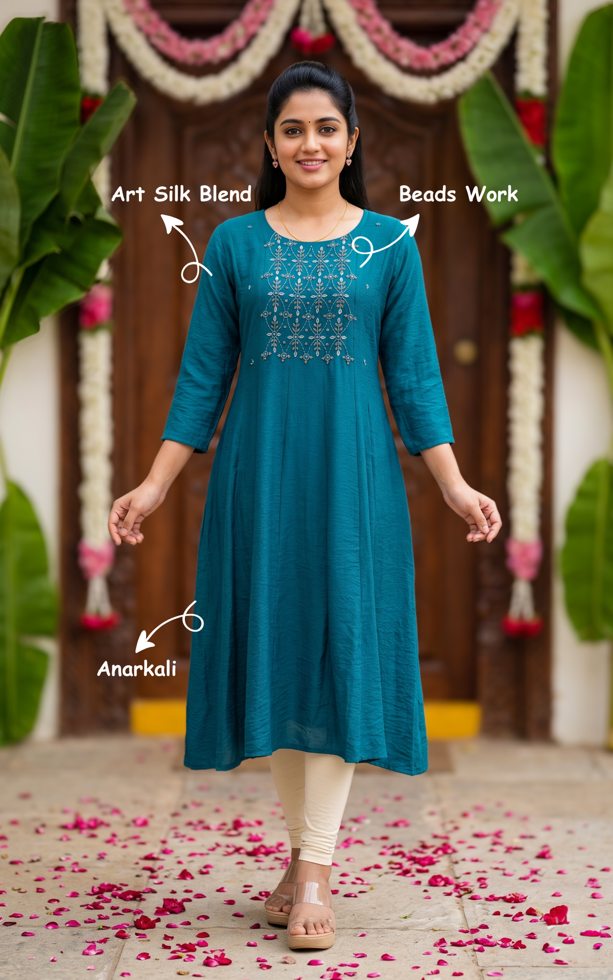 Teal Art Silk Blend Elegant Anarkali Kurti for Women