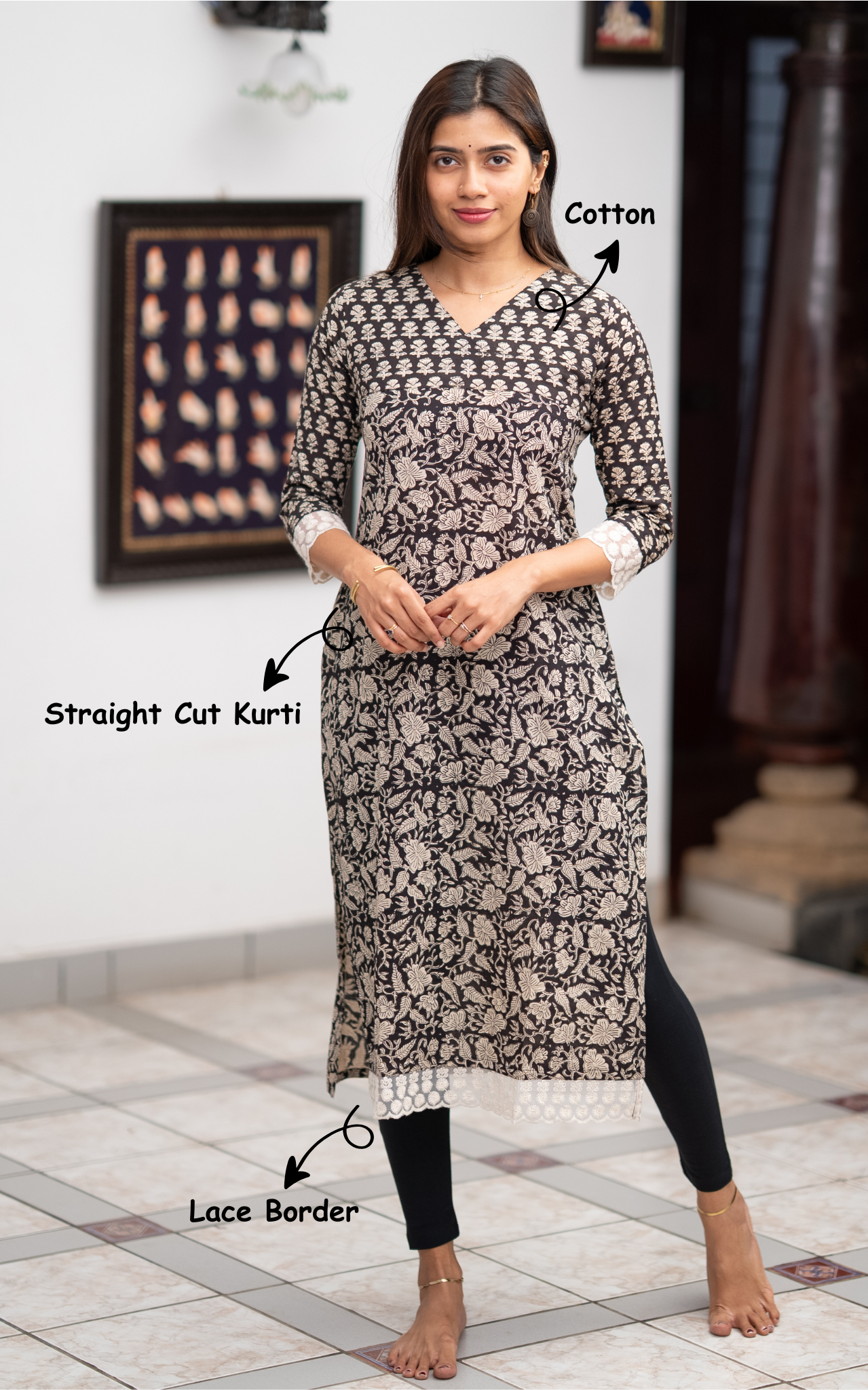 Black Cotton V-Neck Straight Cut Kurti for Women