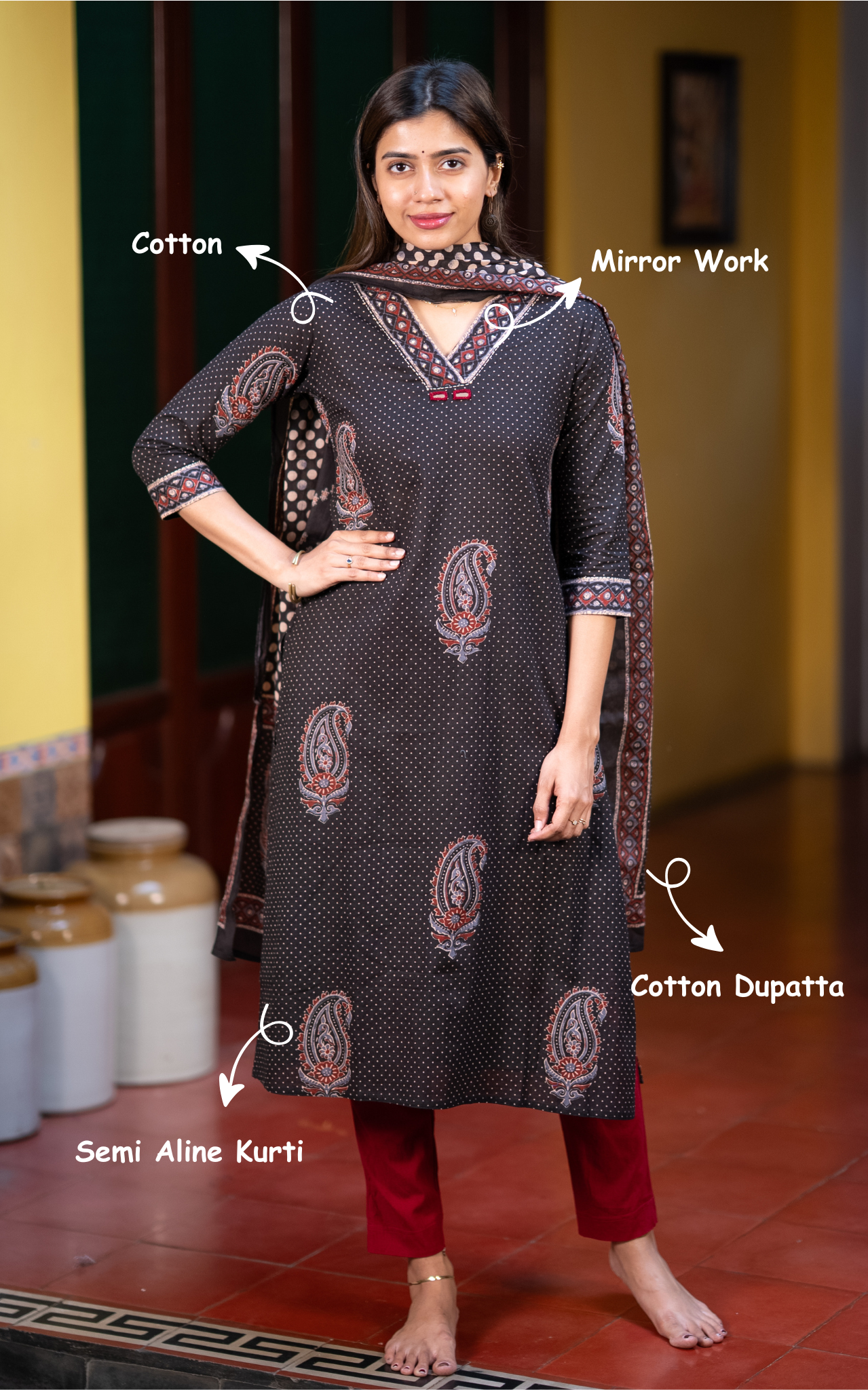 Black Cotton Semi Aline Kurti with Side Slit for Women