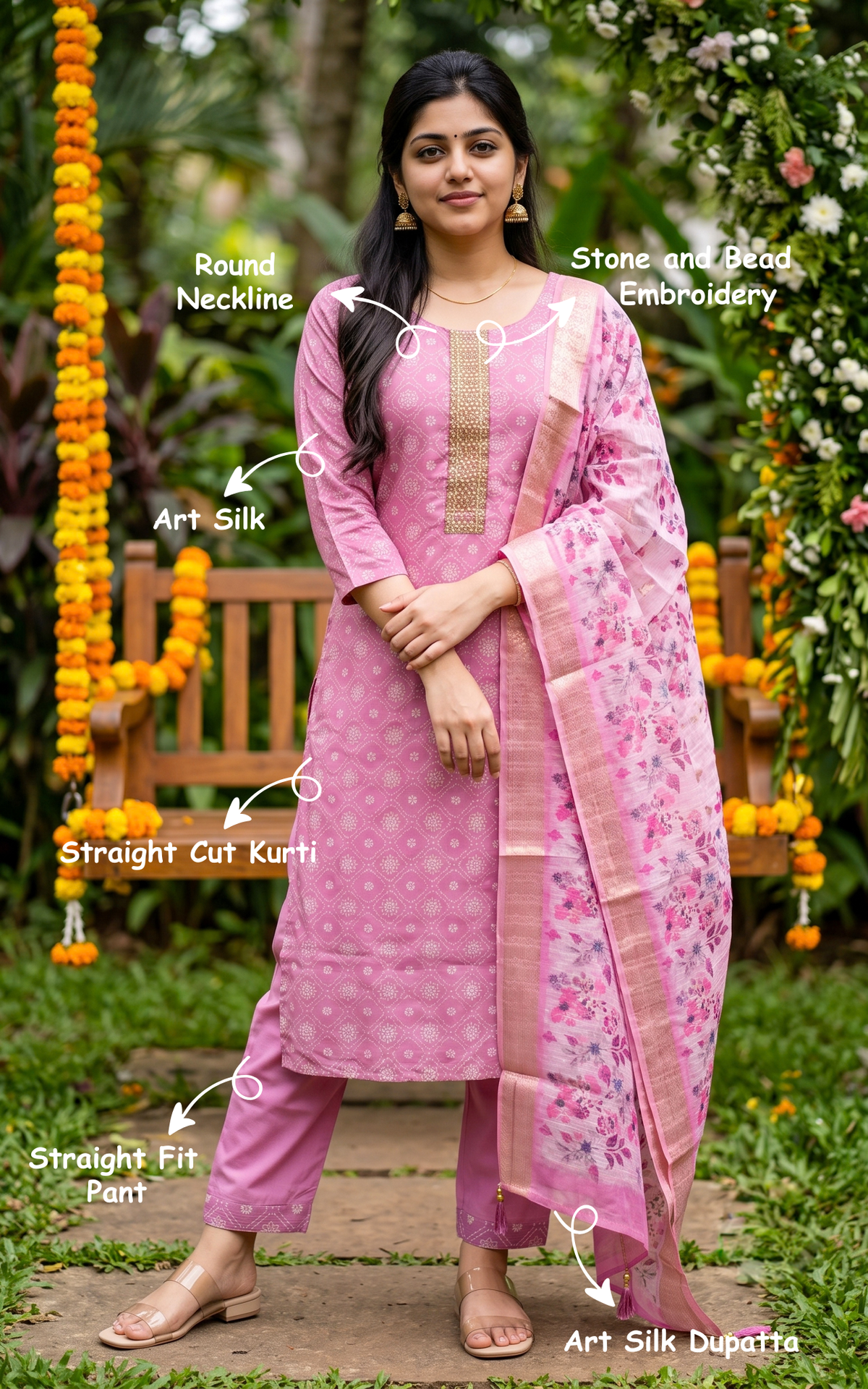 Malarnisha Pink (Kurti+Pant+Dupatta)
