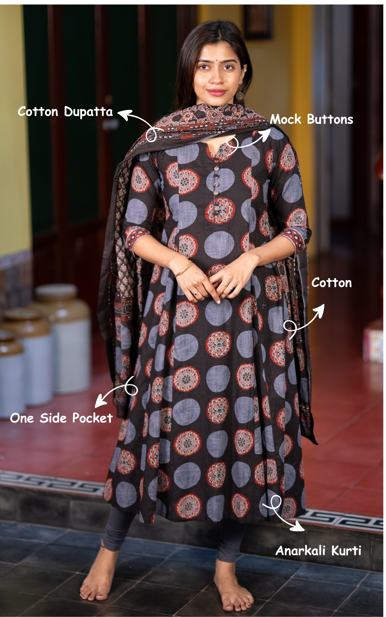 Black Cotton Anarkali Kurti with Cotton Dupatta for Women