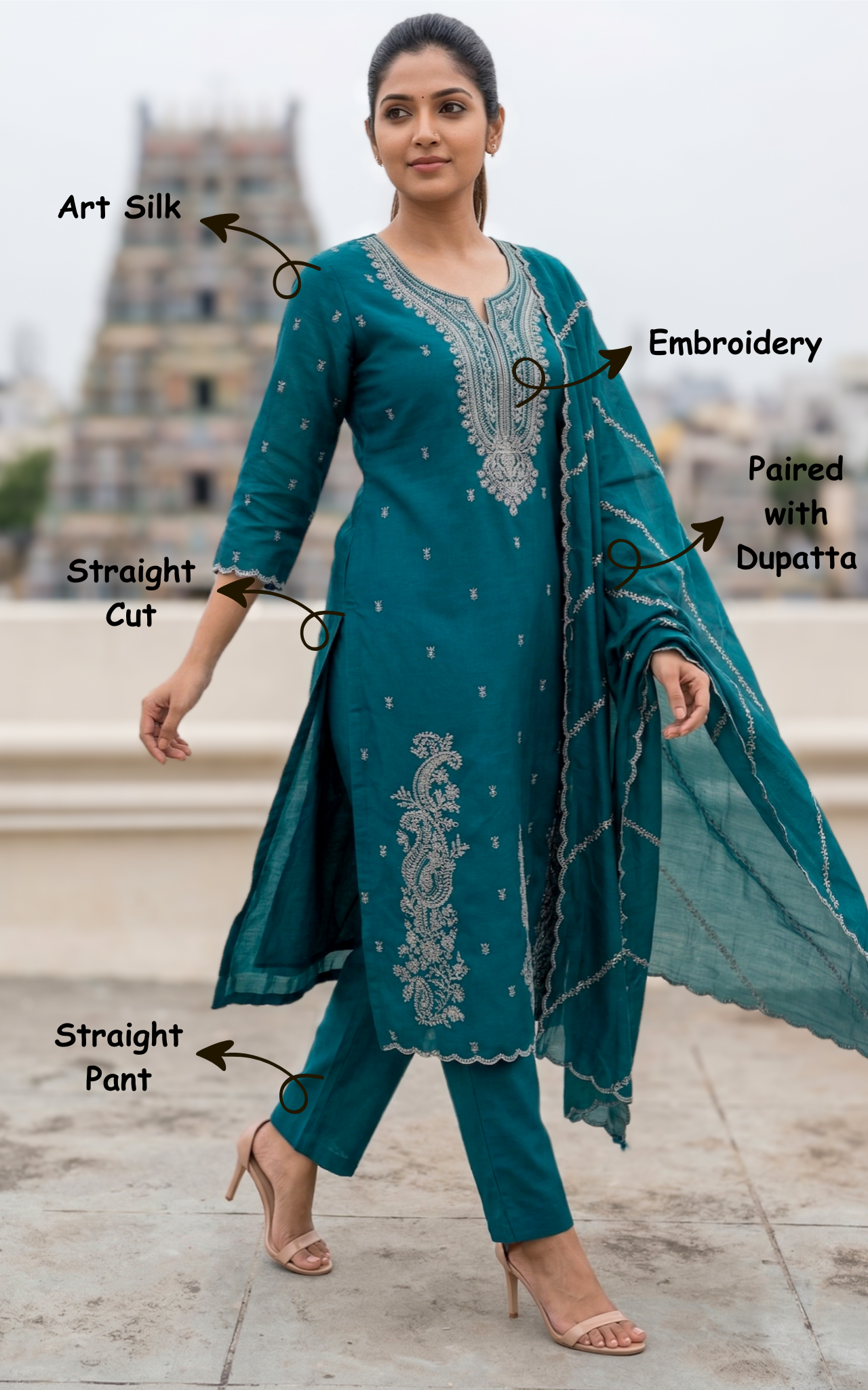 Instore – Deep Teal Green Angel Kurti Pant Dupatta Set for Women – Art Silk – Festive Ethnic Wear