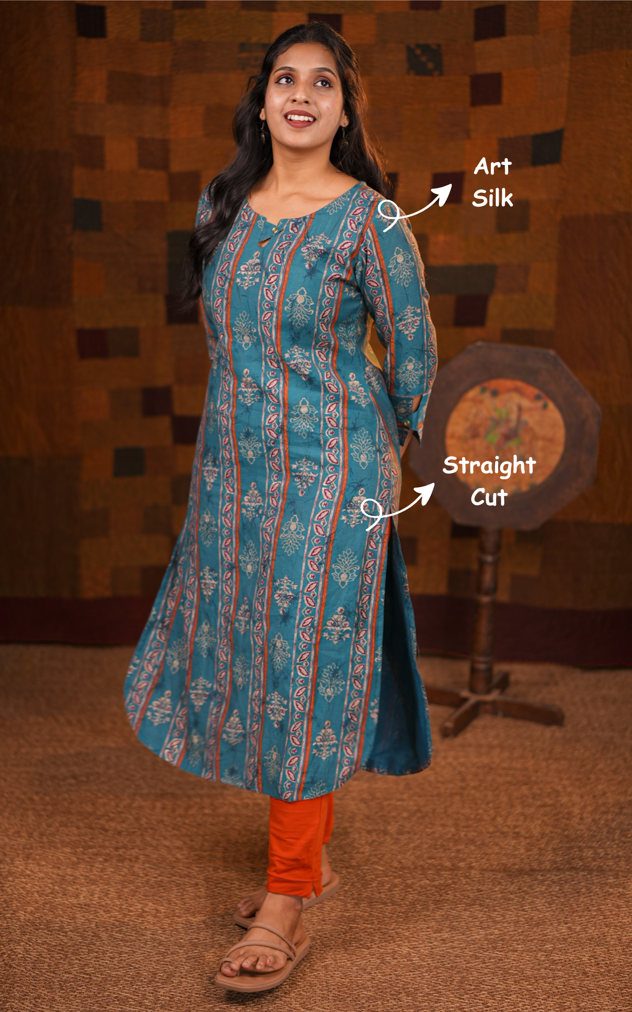 Woman wearing a blue floral kurti