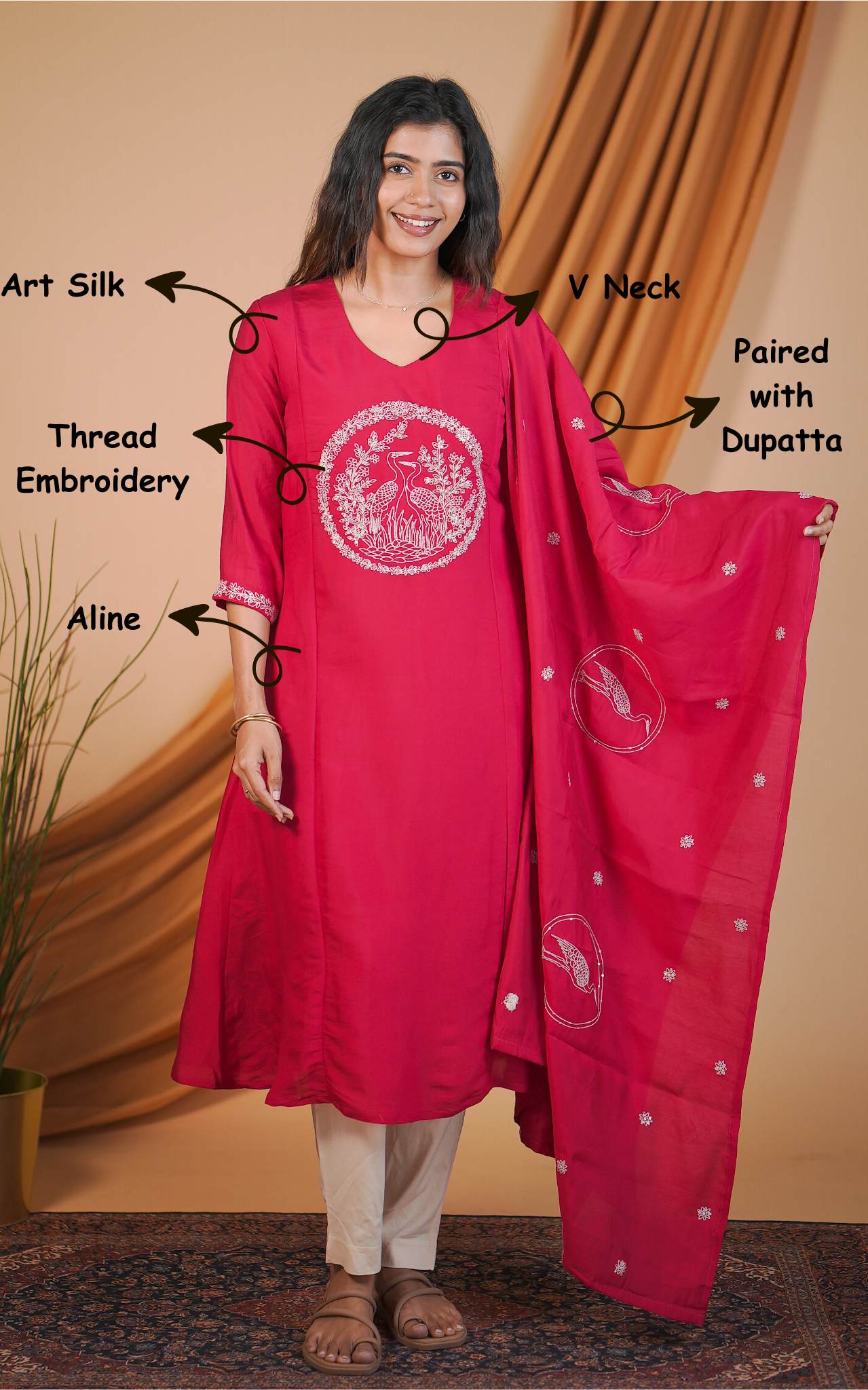 Elegant reddish pink art silk kurti for women