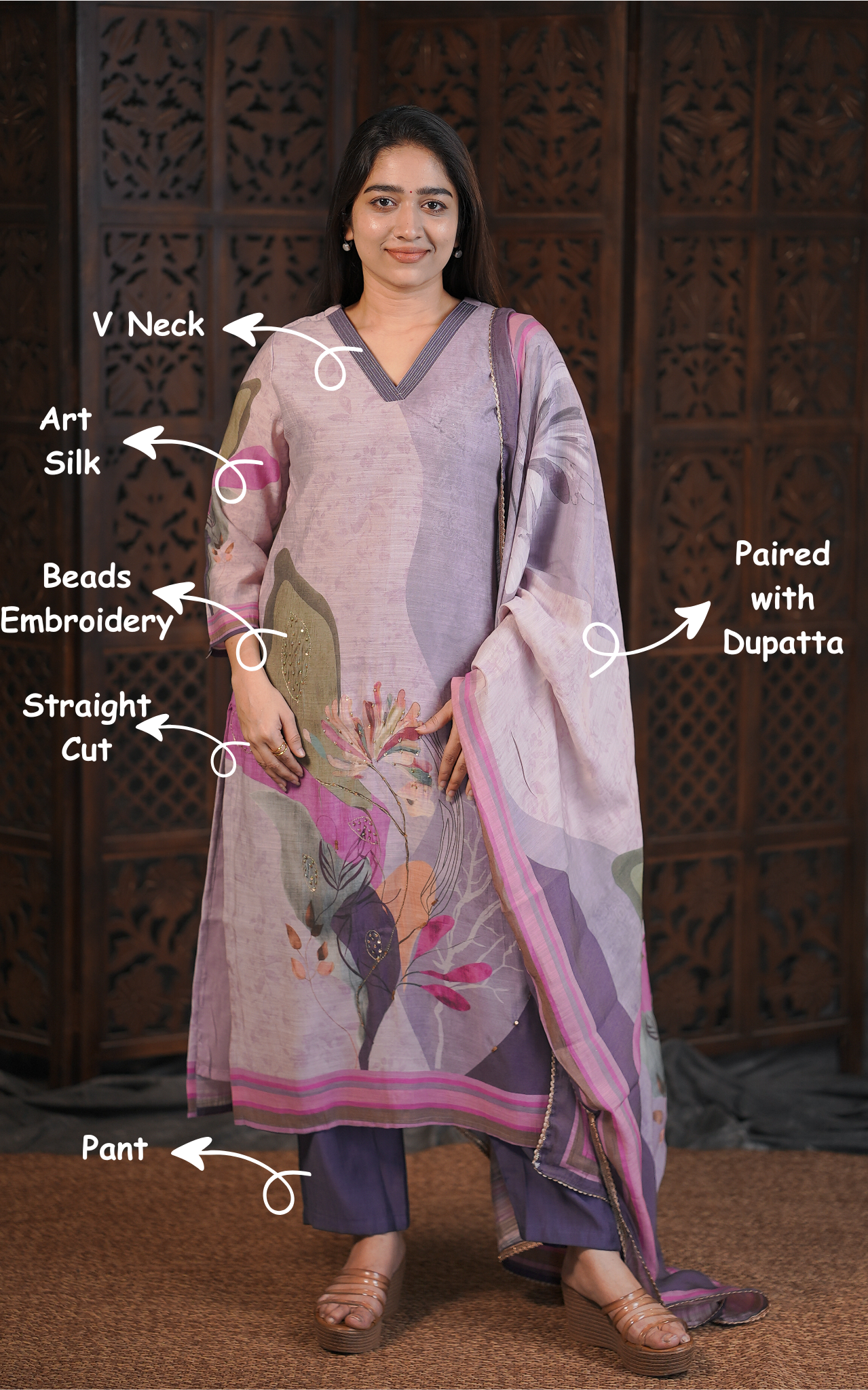 Stylish Pastel Purple Art Silk Kurti Set with Embroidery