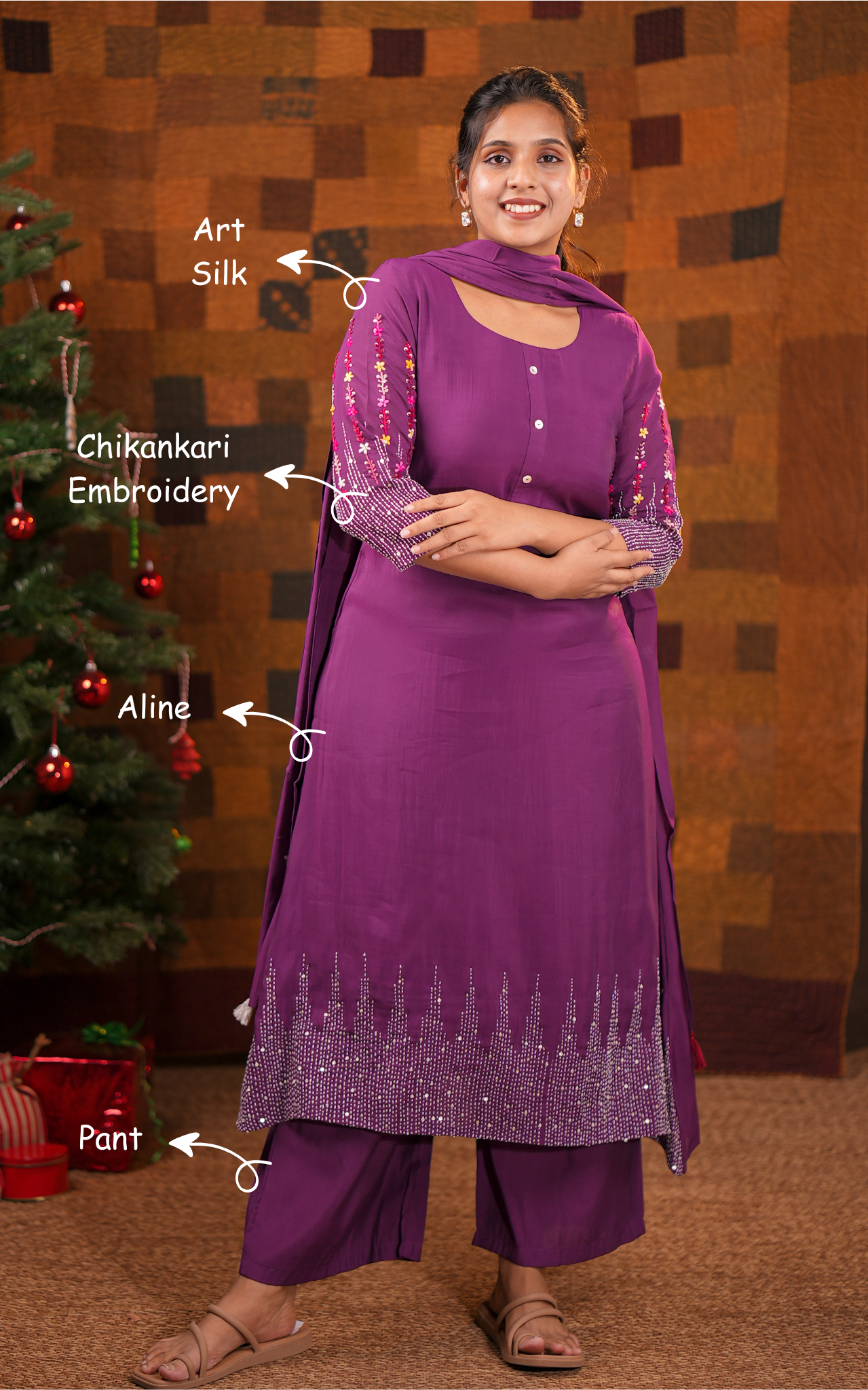 Instore - Deep Purple Color Art Silk Chikankari Embroidered Aline kurti with Pant with Side Pocket & Art Silk Dupatta