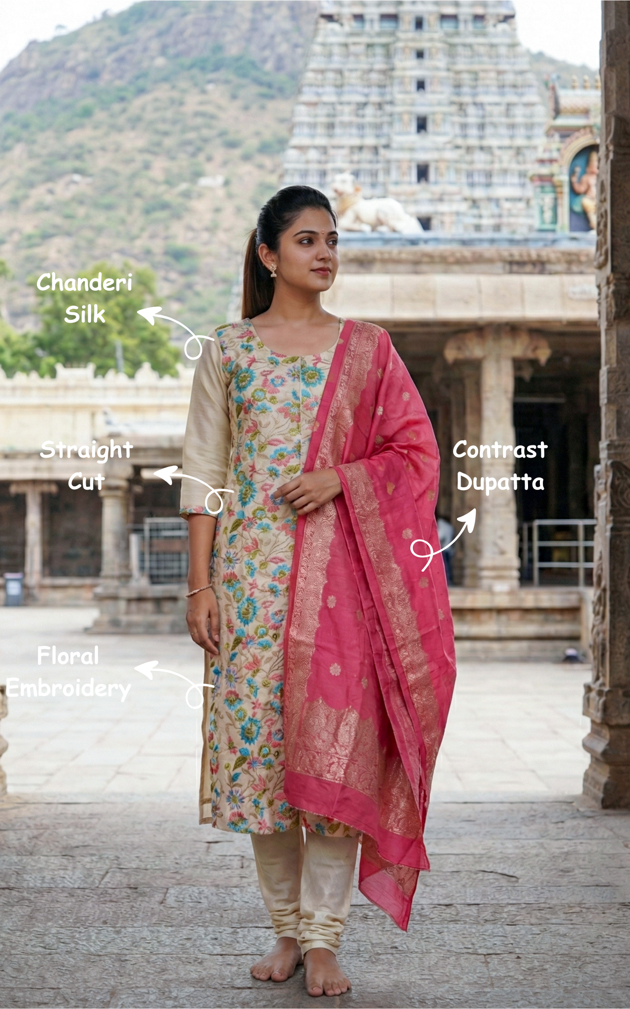 Instore - Beige Color Chanderi Silk Straight Cut Kurti with Side Slit & Floral Embroidery and Contrast Zari Dupatta