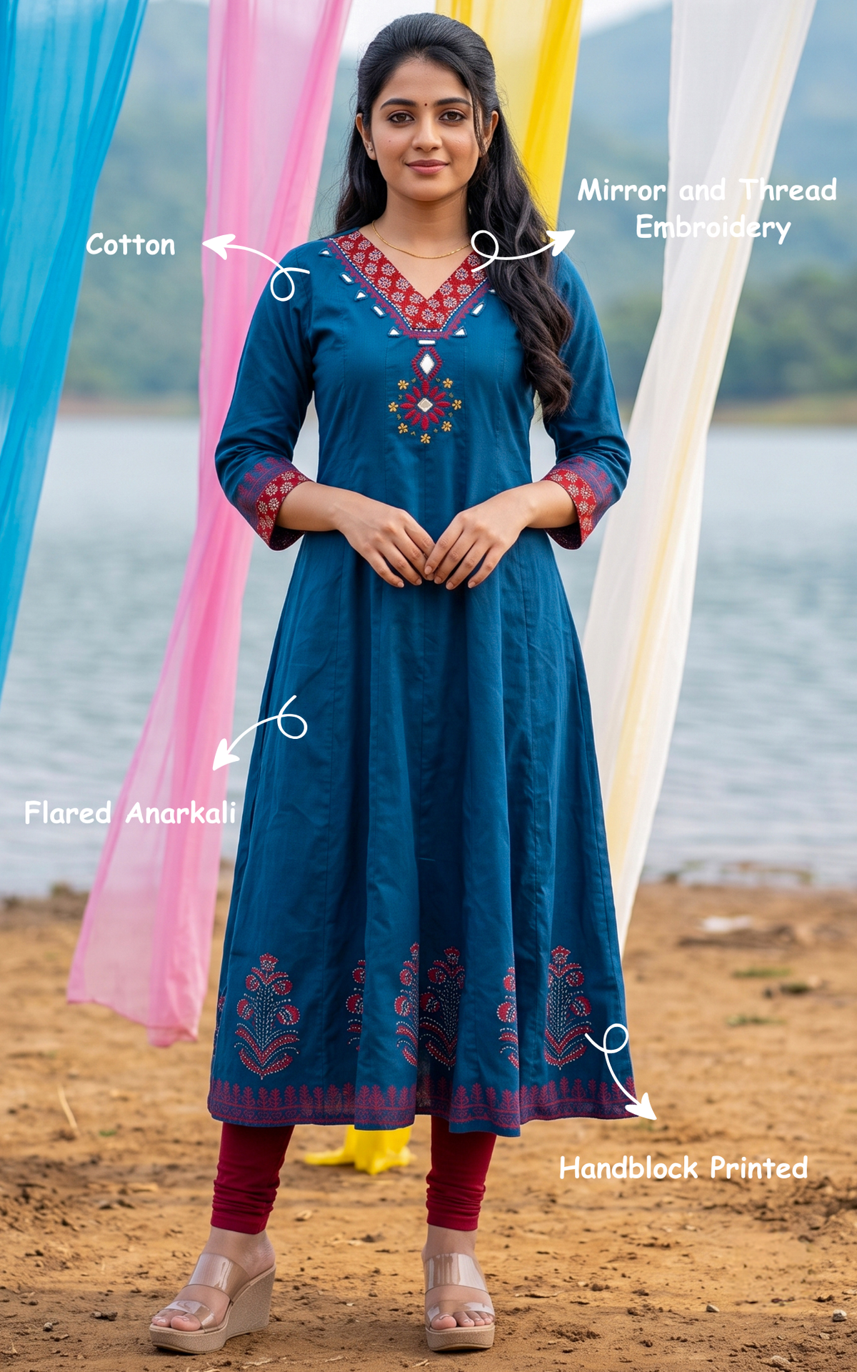 Blue Cotton Handblock Printed Casual Wear Anarkali Kurti for Women