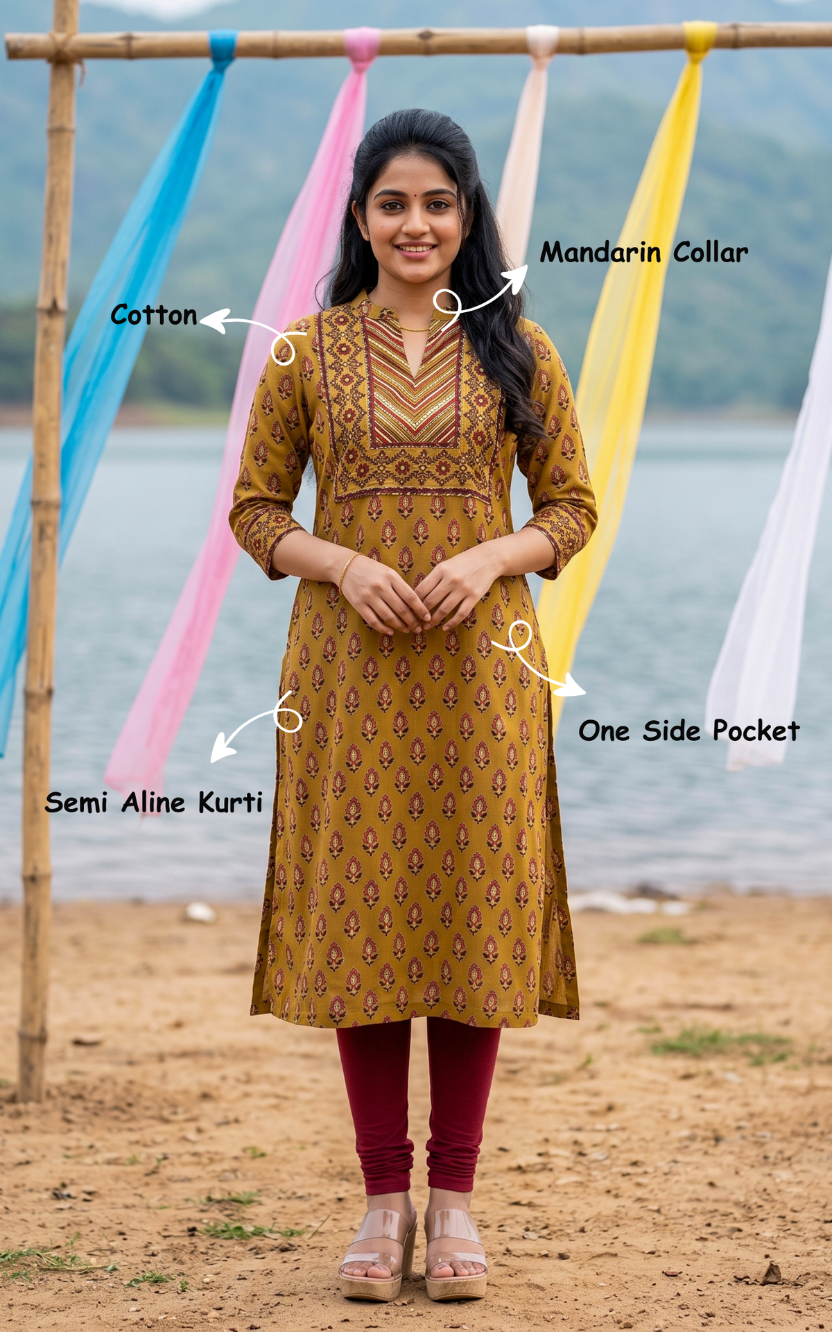 Mustard Cotton Ethnic Wear Semi Aline Kurti for Women