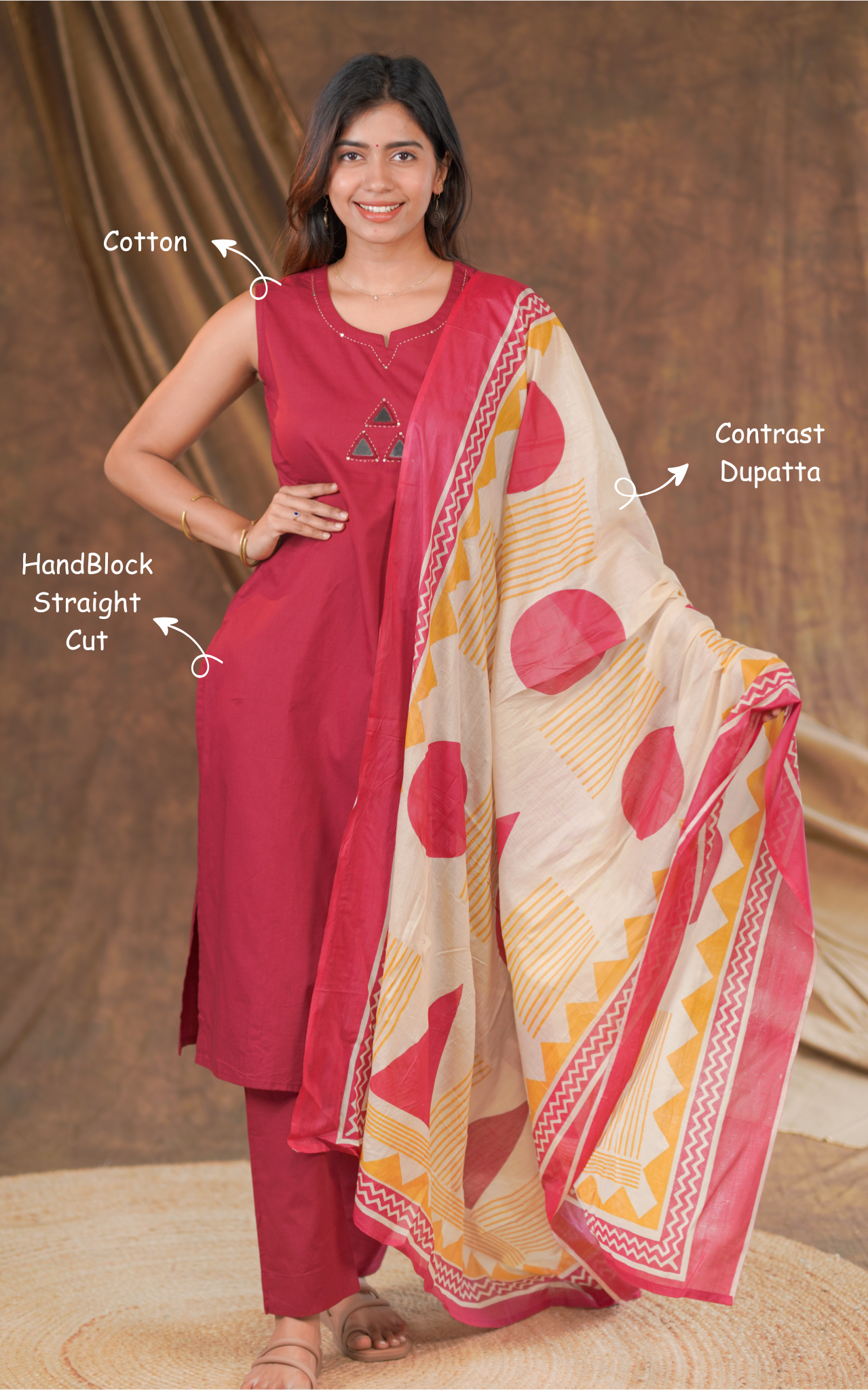 Sevvaanam Handblock (Kurti+Pant+Dupatta)