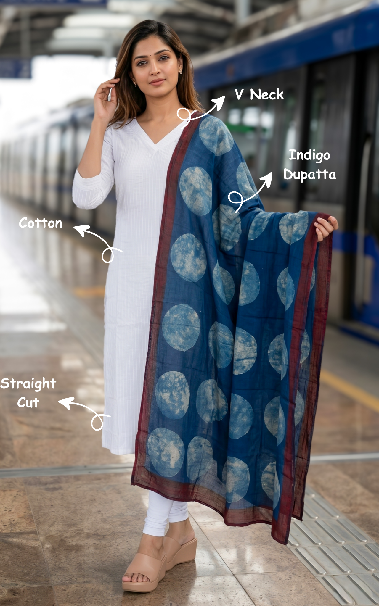 Instore - White Color V Neck Straight Cut Kurti with Side Slit and Pintuck Detailing, Paired with Indigo Dupatta, No Lining