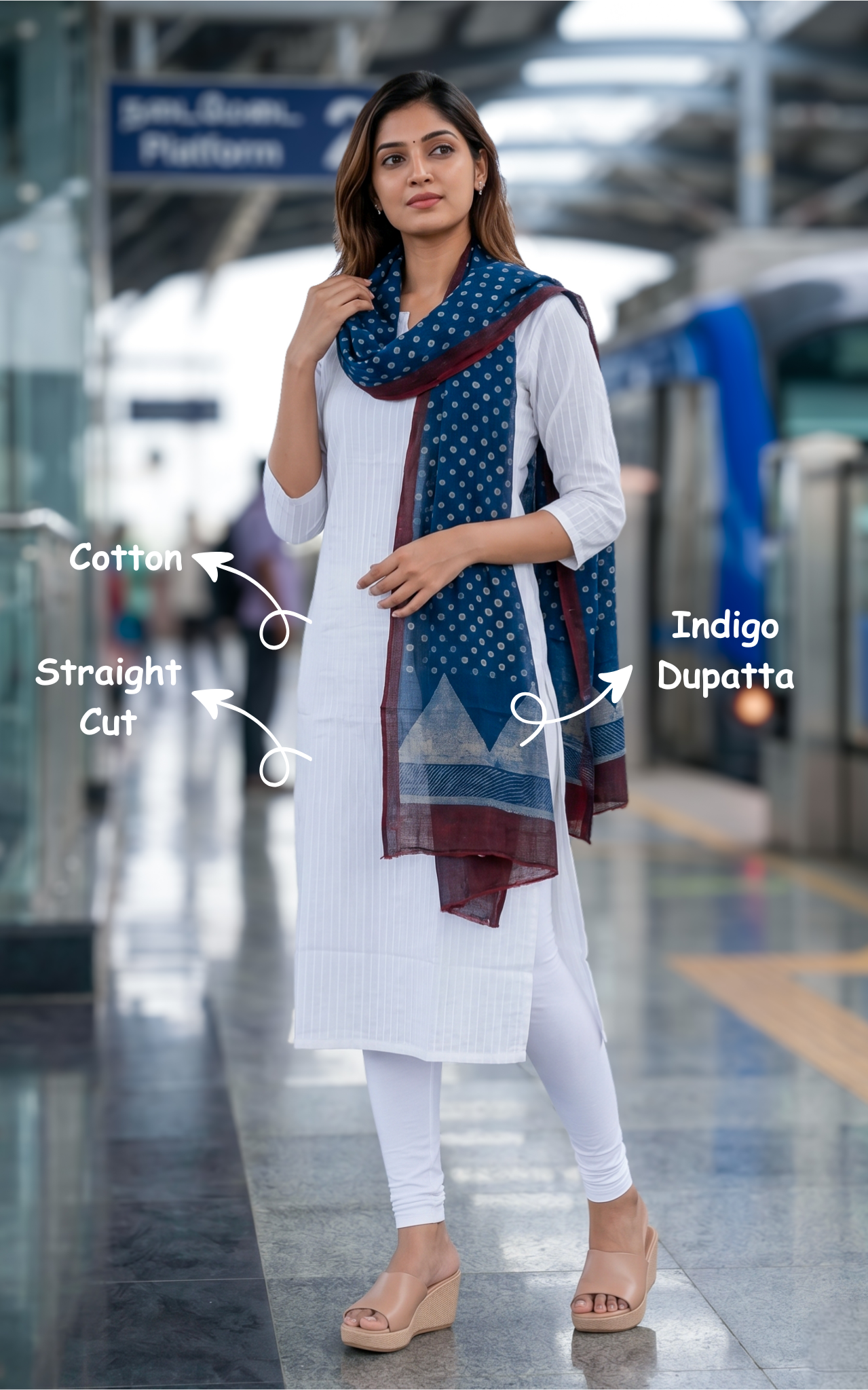 Instore - White Color Cotton Straight Cut Kurti with Side Slit and Pintuck Detailing, Paired with Indigo Dupatta, No Lining