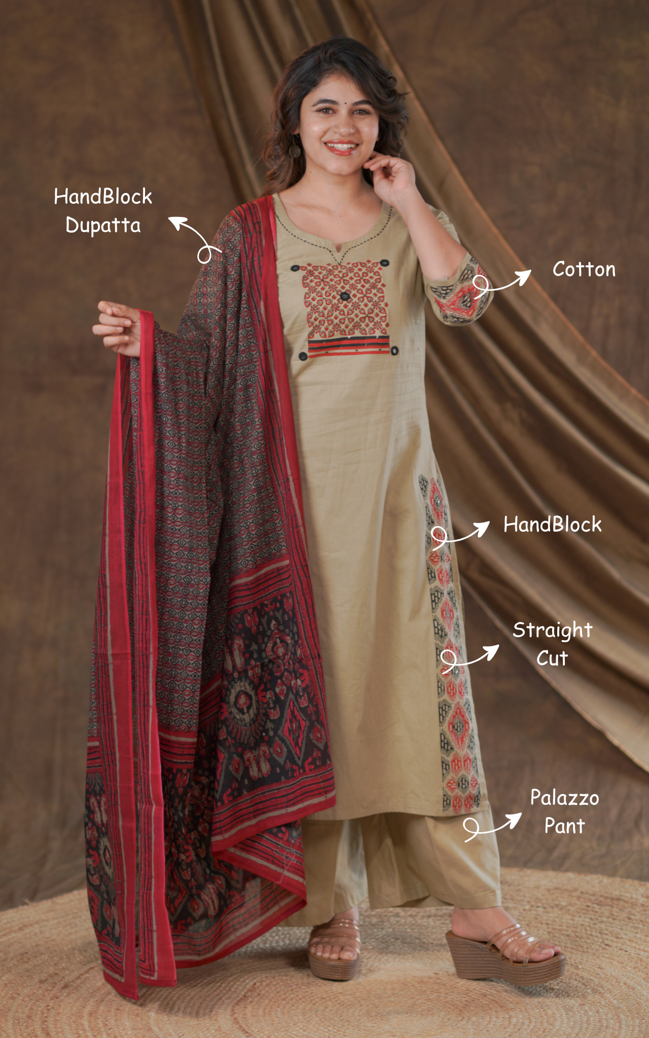 Poongovai Handblock (Kurti+Pant+Dupatta)
