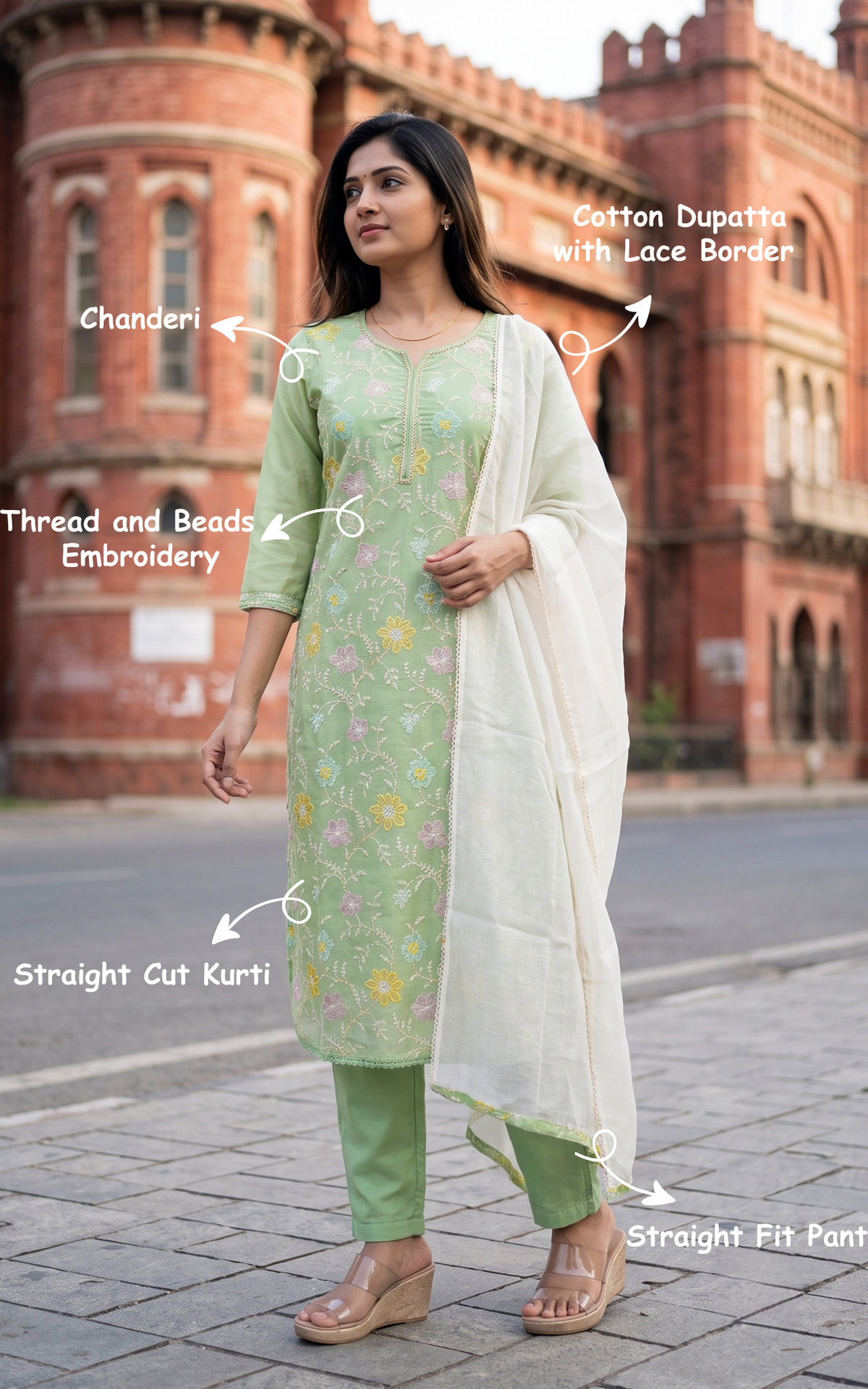 Instore – Pista Green Laara Kurti Pant Dupatta Set for Women – Chanderi – Designer – Ethnic Wear