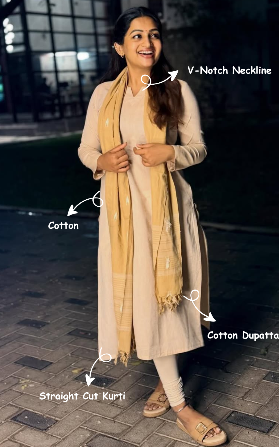 Beige Cotton Designer Straight Cut Kurti with Cotton Dupatta for Women