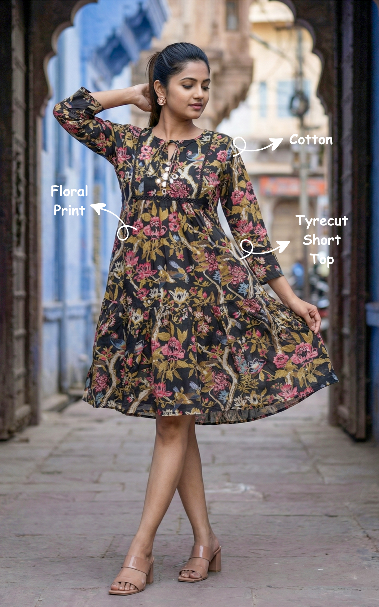 Instore - Black Color Cotton Tyre Cut Short Top With Floral-Print, Keyhole Neckline with Thread Tie & Cotton Lining
