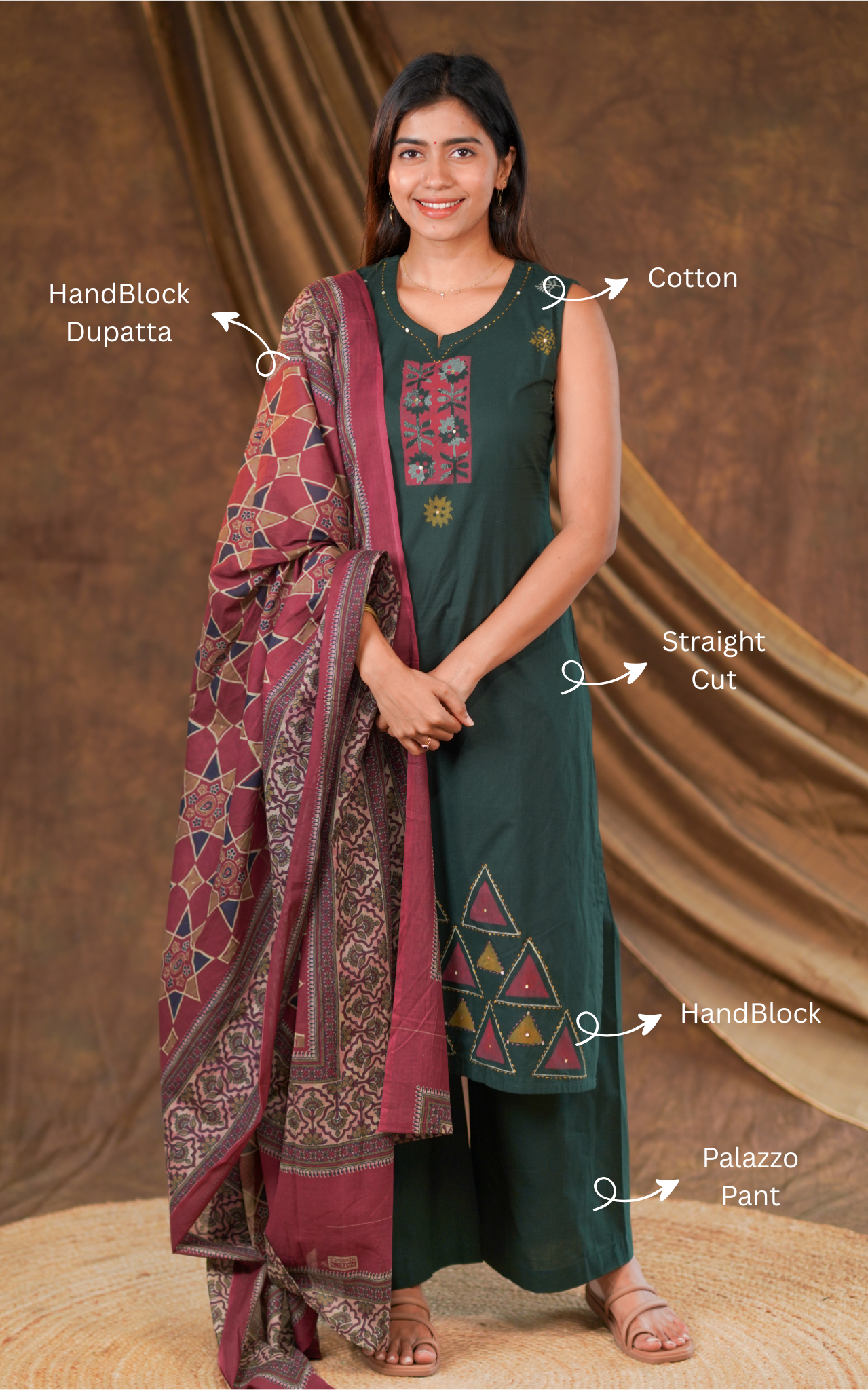 Suja Dark Green Handblock (Kurti+Pant+Dupatta)