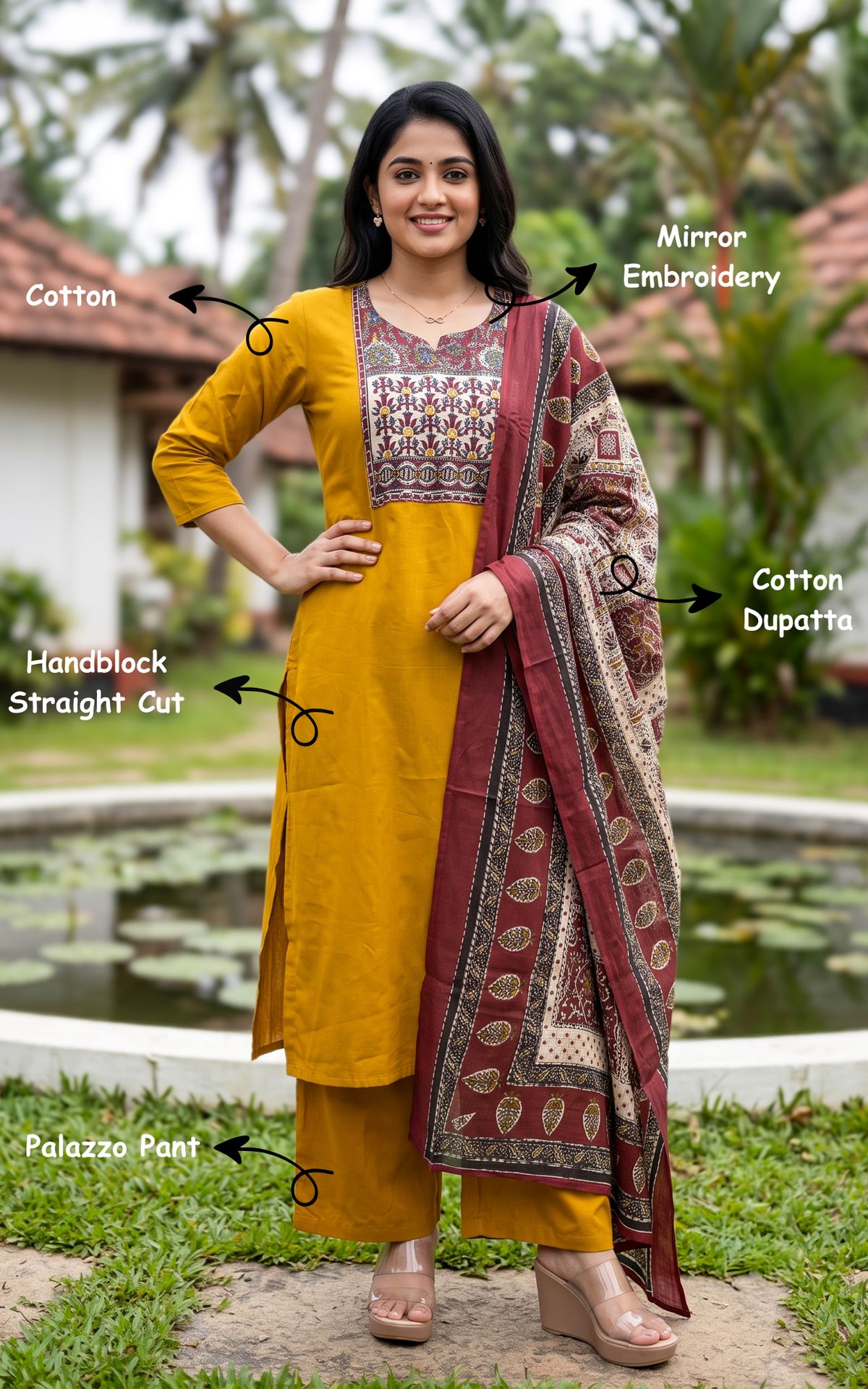 Instore – Mustard Ranvika Handblock Kurti Pant Dupatta Set for Women – Cotton – Handblock Printed – Ethnic Wear