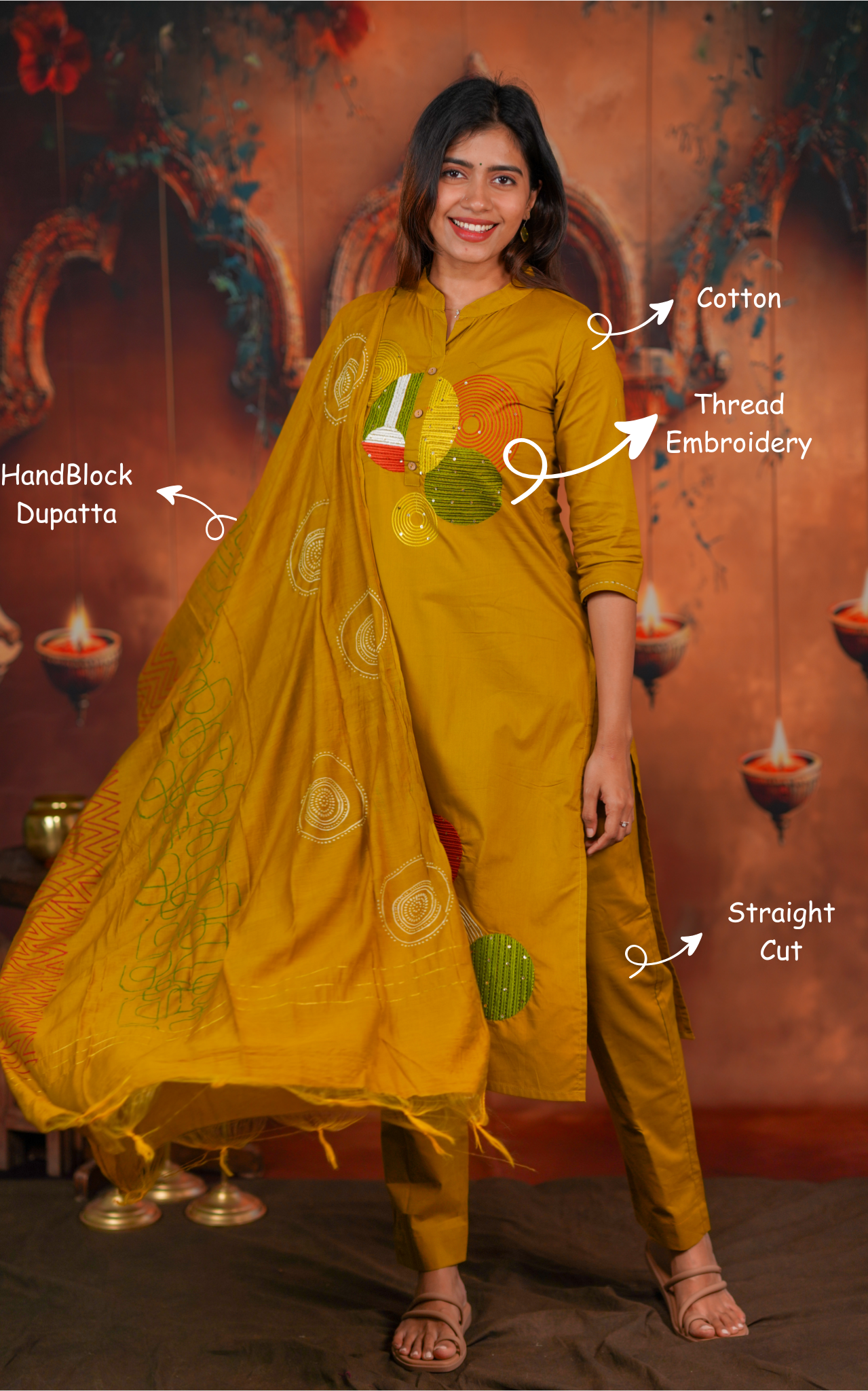 Ezhilvizhi Handblock (Kurti+Pant+Dupatta)