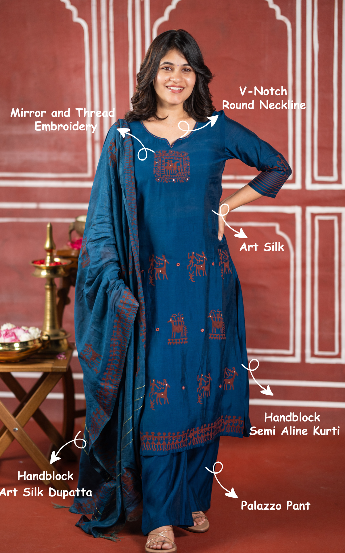 Diwali casuals Handblock B (Kurti+Pant+Dupatta)