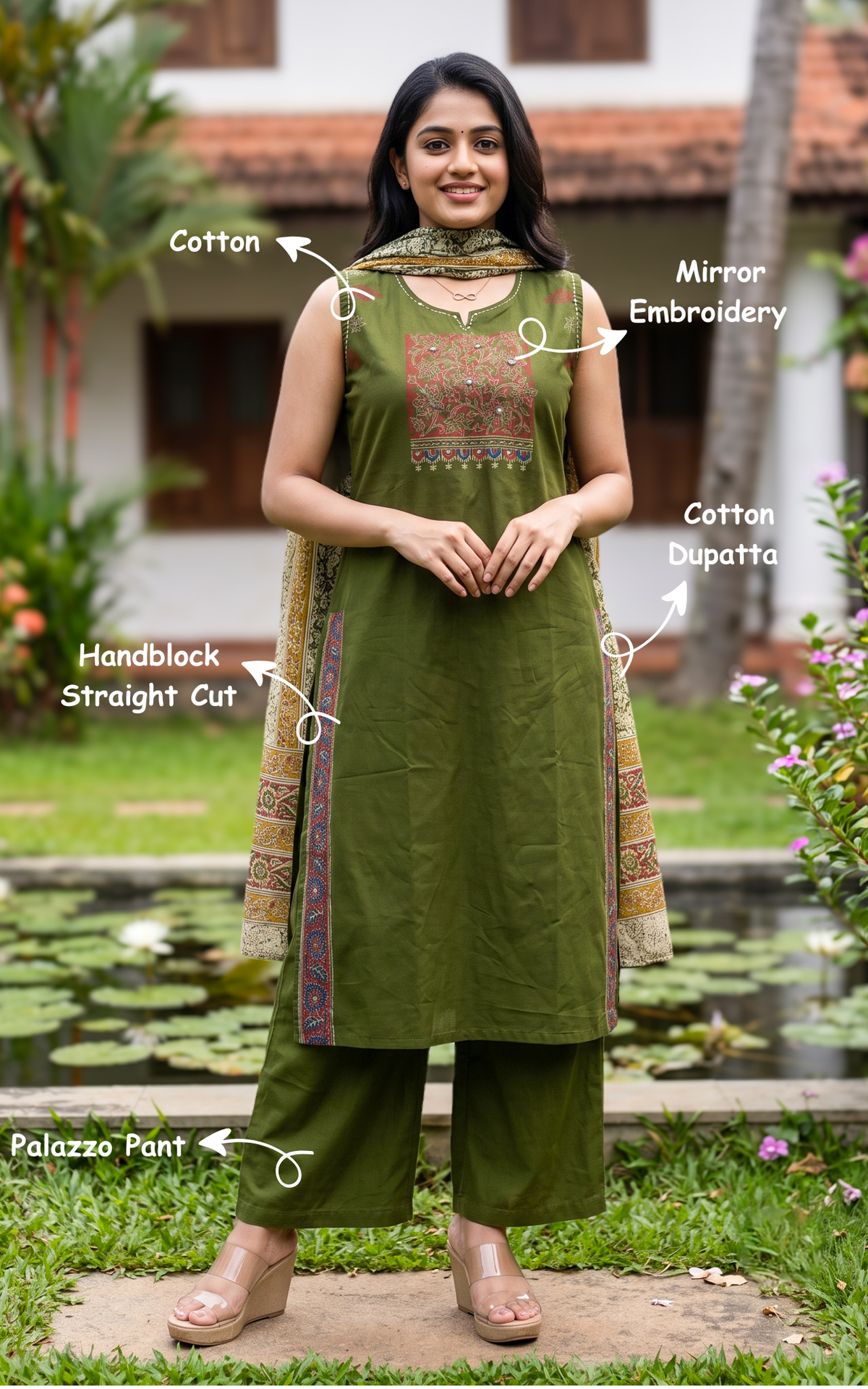 Instore – Mehandi Green Nithiyalakshmi Handblock Kurti Pant Dupatta Set for Women – Cotton – Handblock Printed – Ethnic Wear