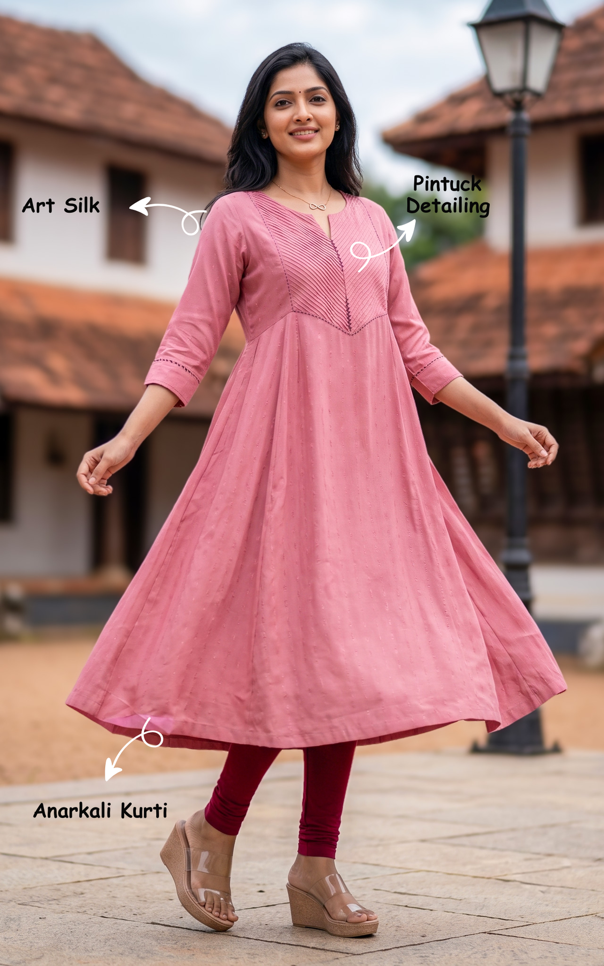 Peach Art Silk Anarkali Kurti for Women