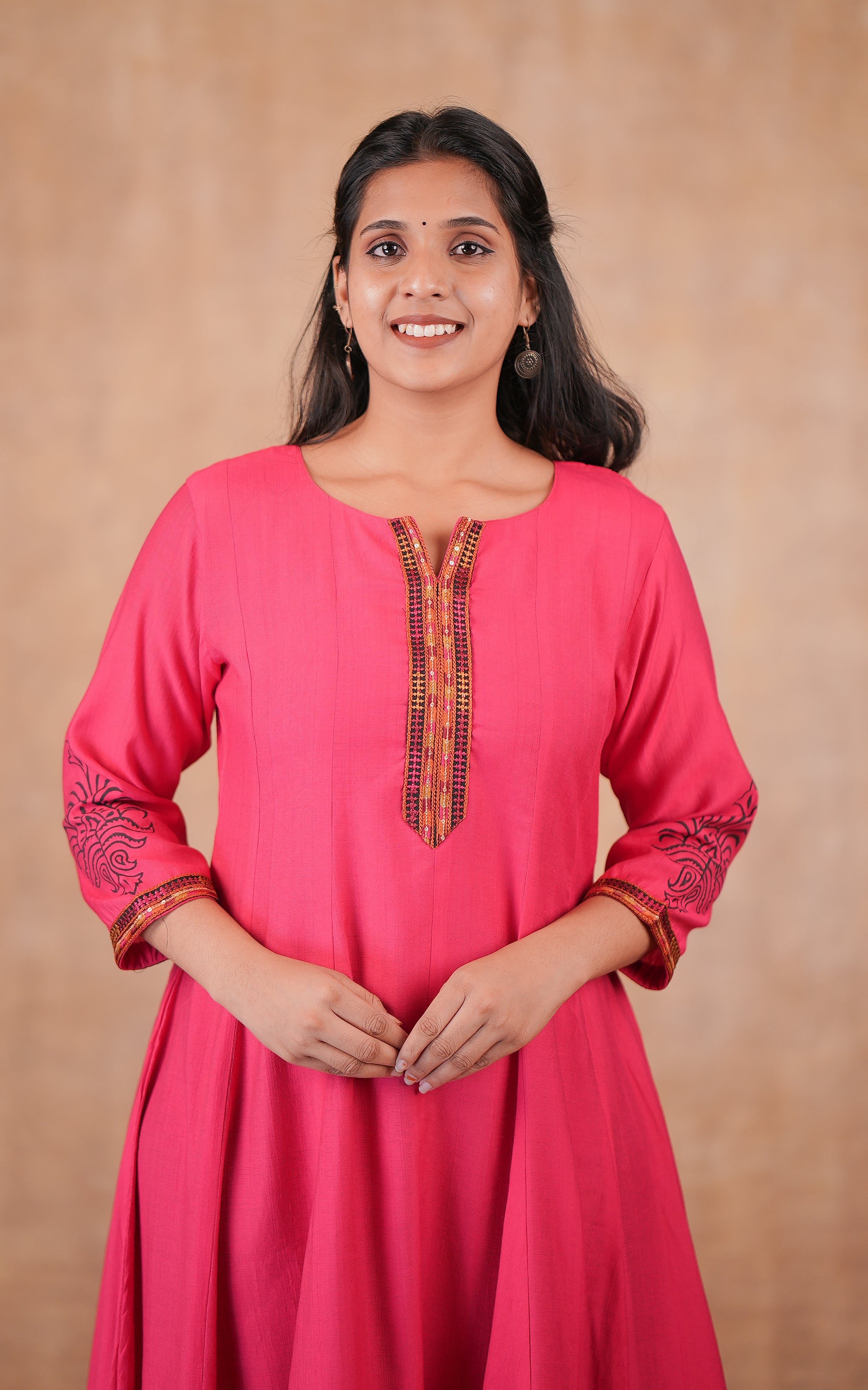 Traditional pink rayon anarkali kurti for women