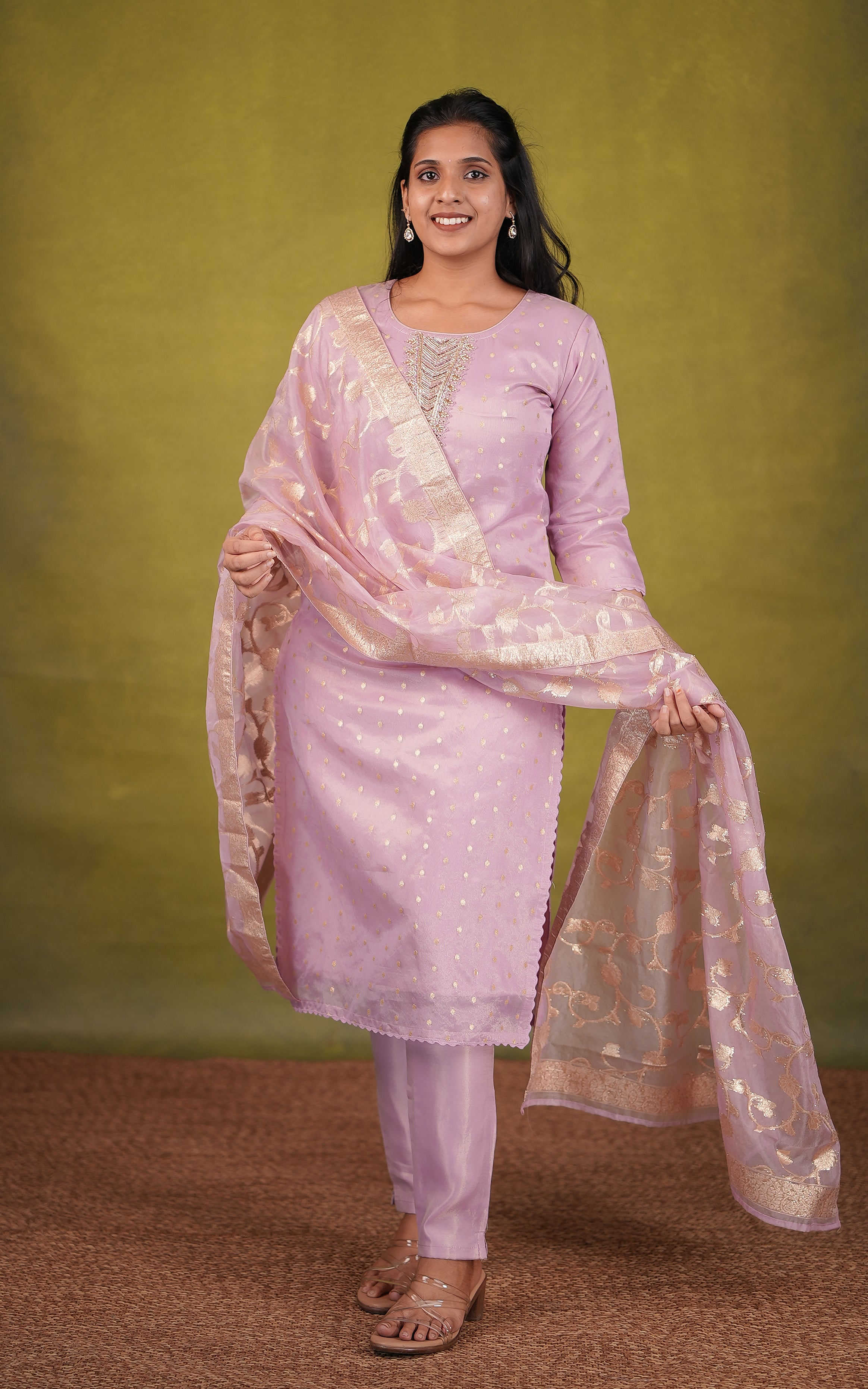 Pink art silk straight cut kurti set for women