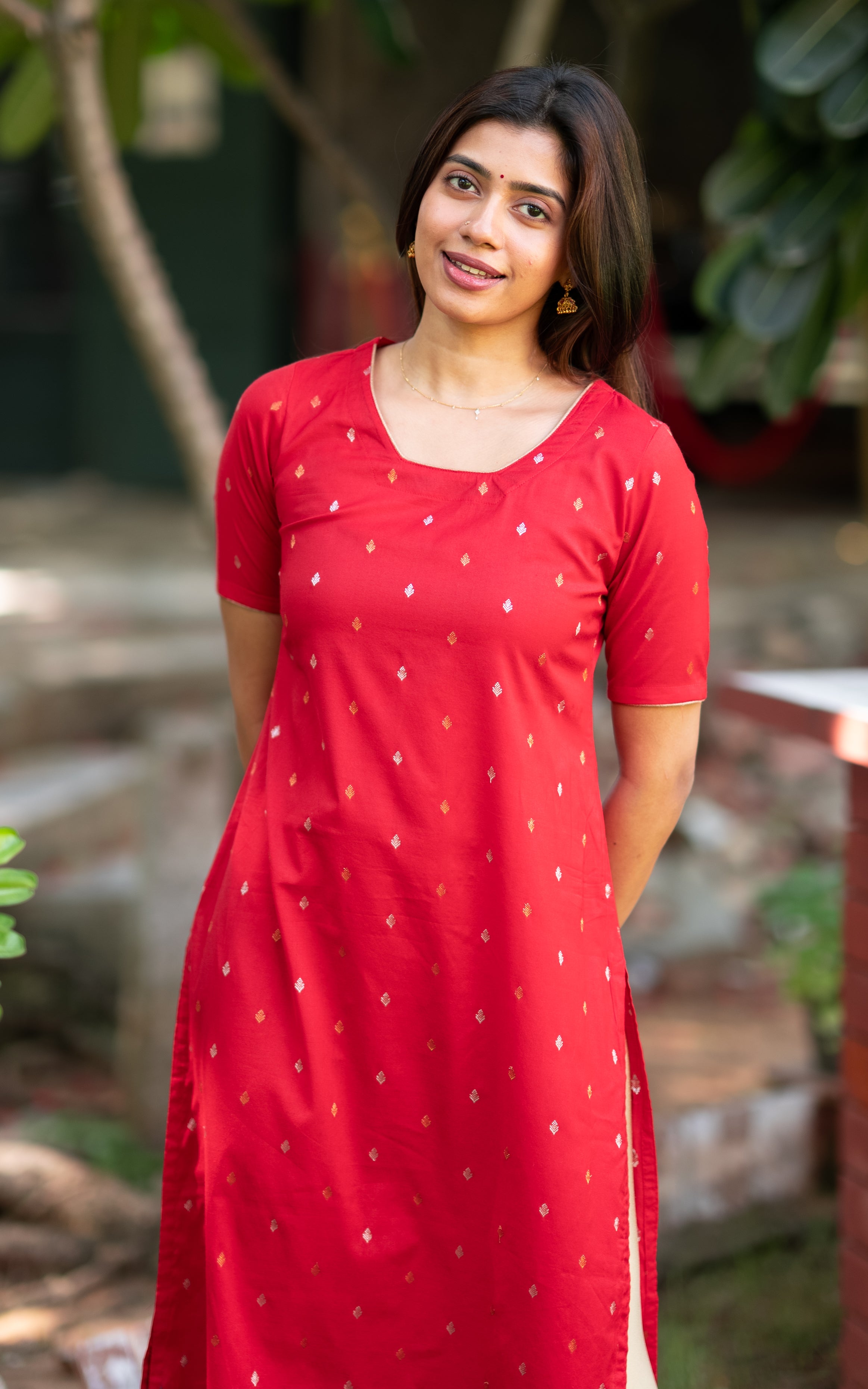 Red Silk Cotton Office Wear Straight Cut Kurti for Women
