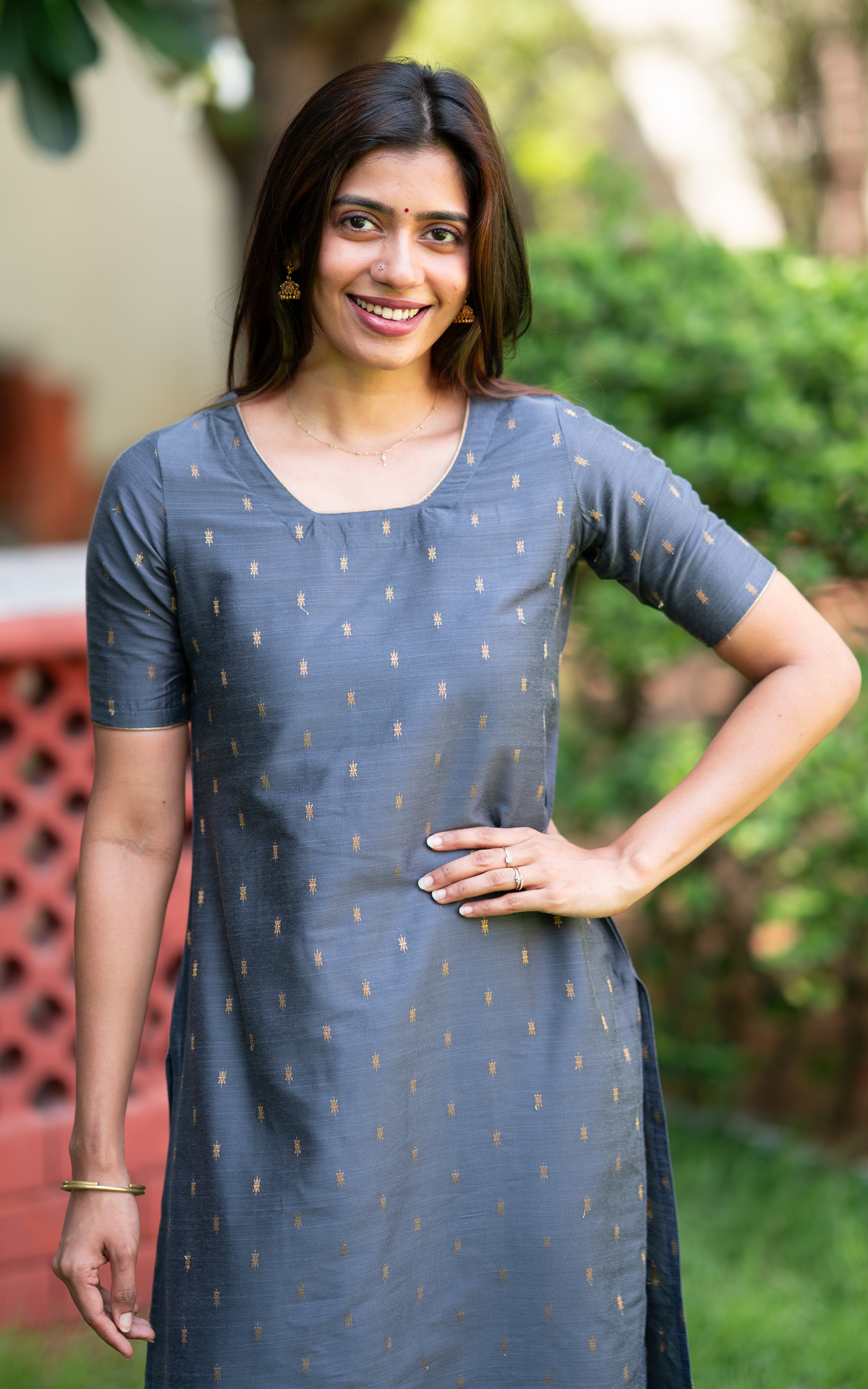 Dark Grey Silk Cotton Straight Cut Kurti for Women