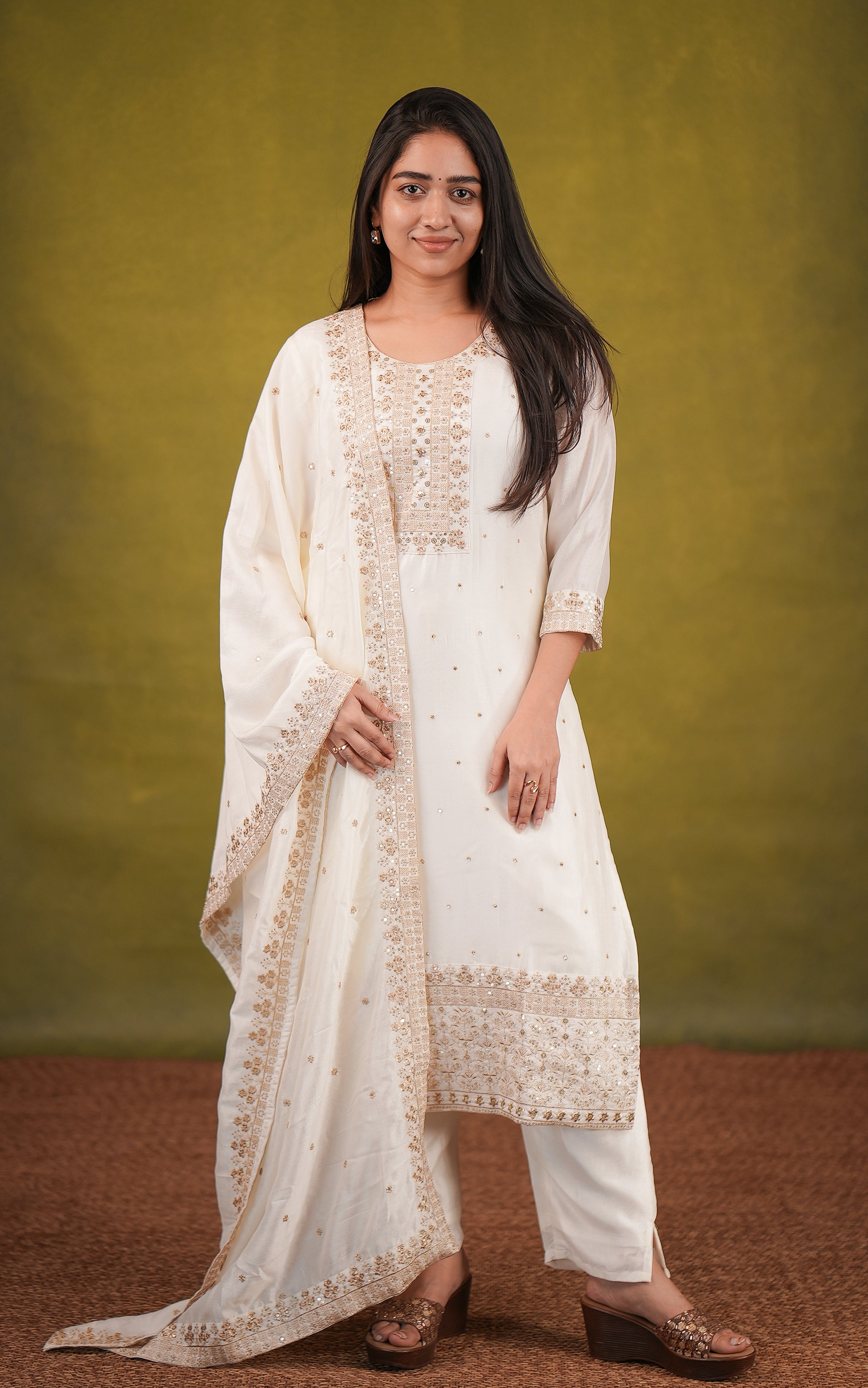Cream color straight cut kurti sets