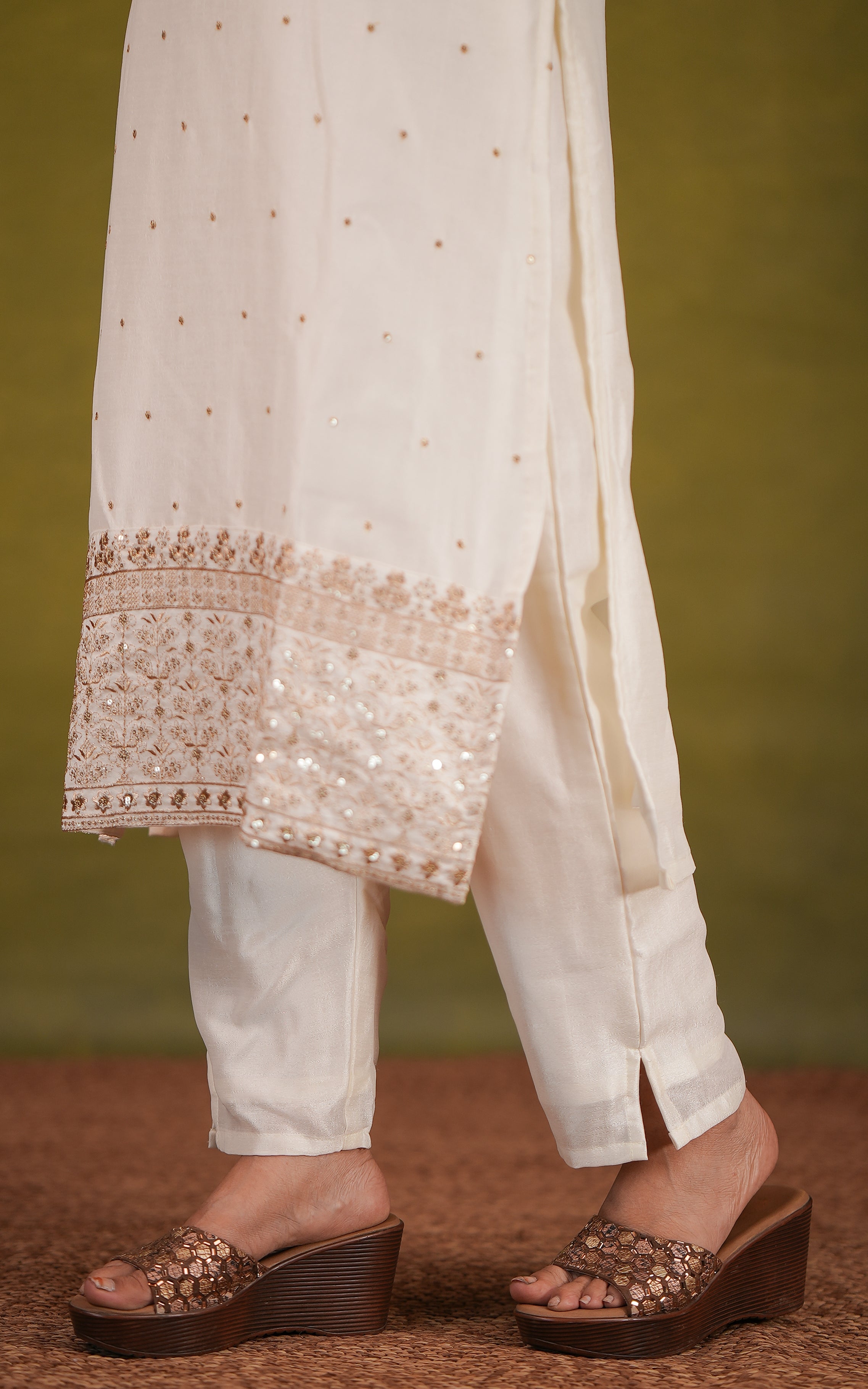 Instore-Cream Art Silk Straight Cut Kurti with Side Slit Featuring Gold Zari Embroidery with Sequin Work Straight Fit Pant with Full Elastic Waistband Gold Zari Embroidery Dupatta with Sequin Work