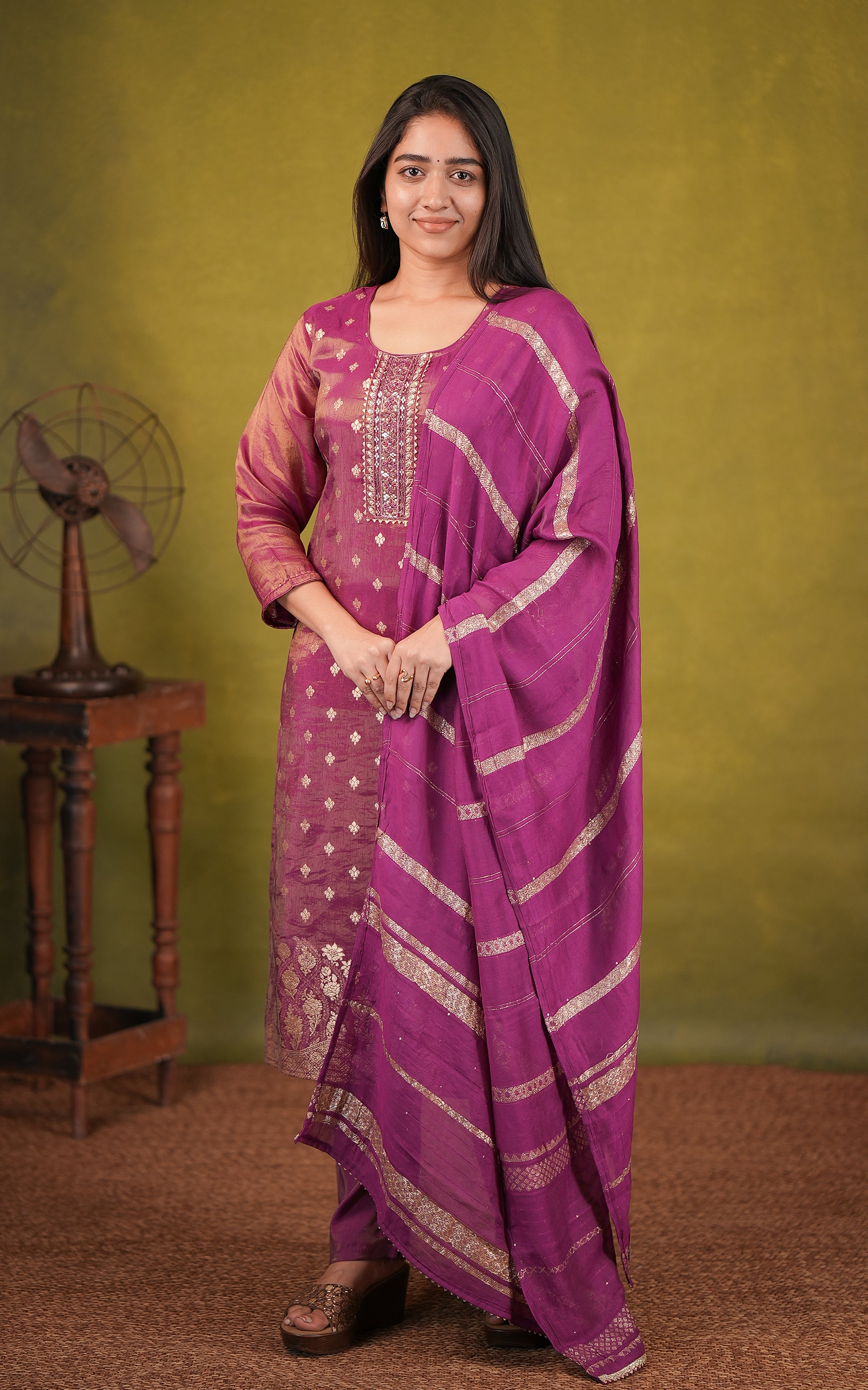 Art silk gold woven motif kurti with dupatta for women