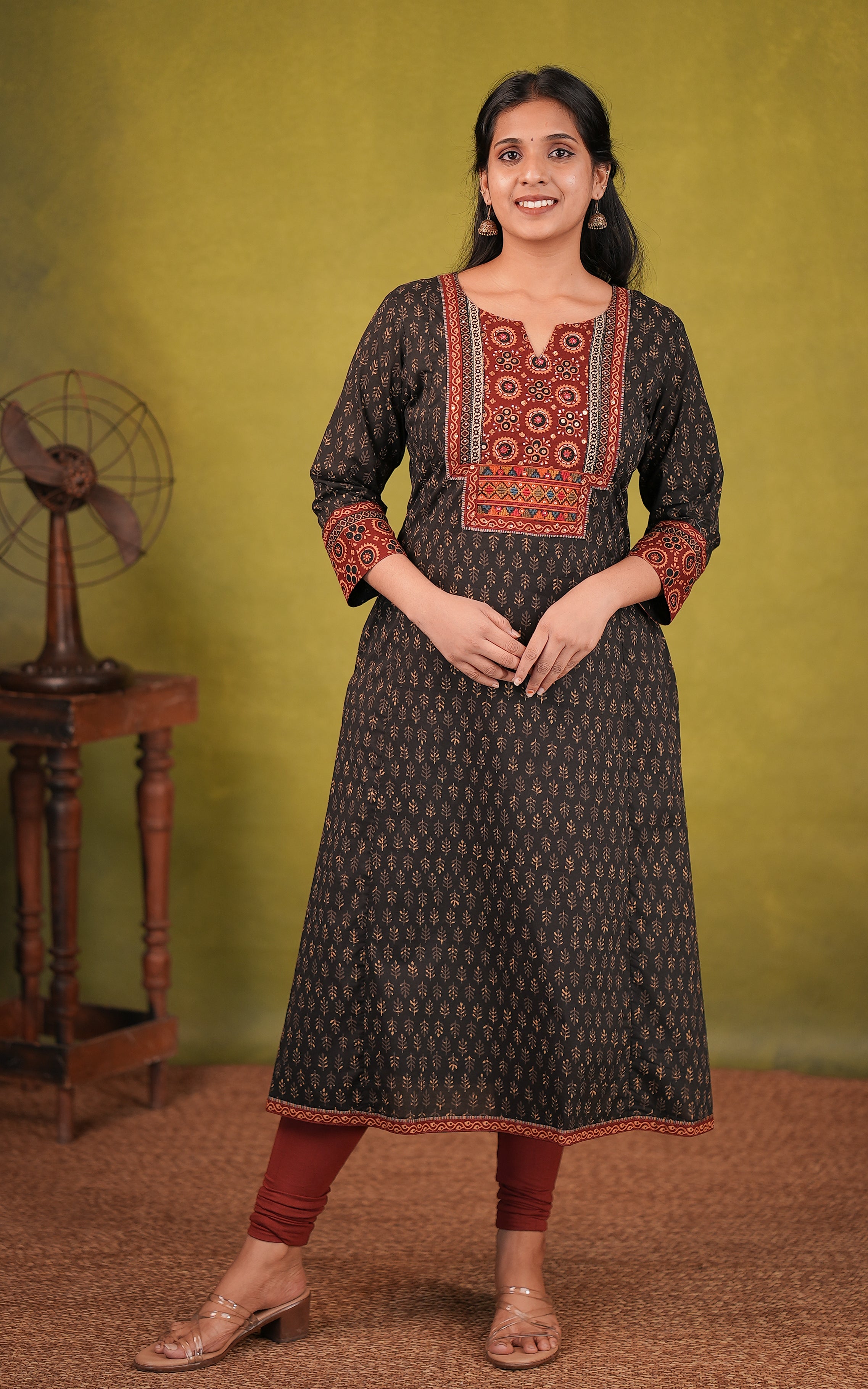 Black cotton Aline embroidered kurti for women